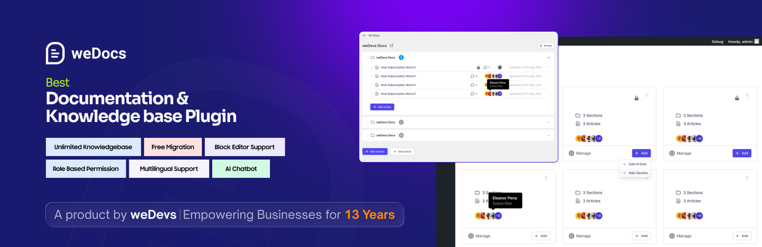 WordPress 外掛 weDocs: AI Powered Knowledge Base, Docs, Documentation, Wiki & AI Chatbot 的封面圖片