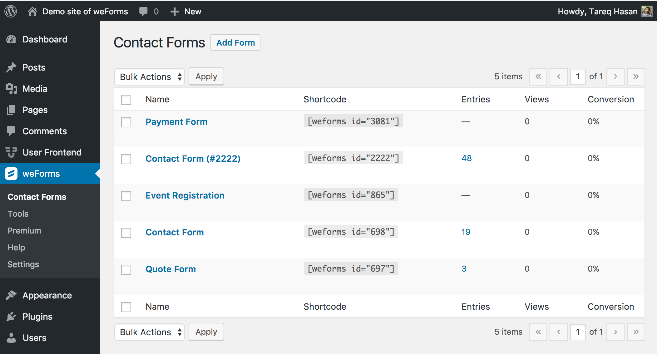 The form listings