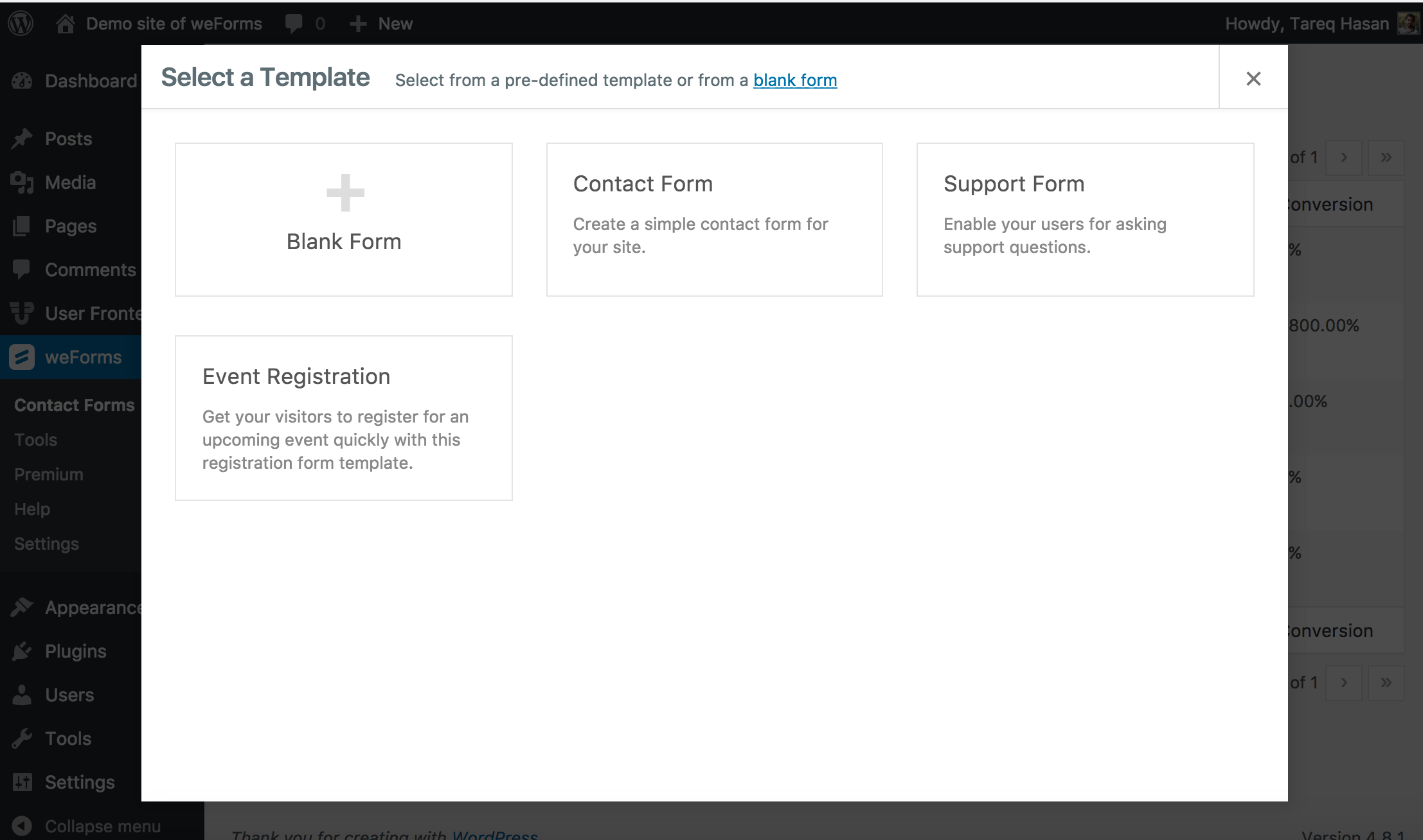 Create form from a range of pre-defined templates