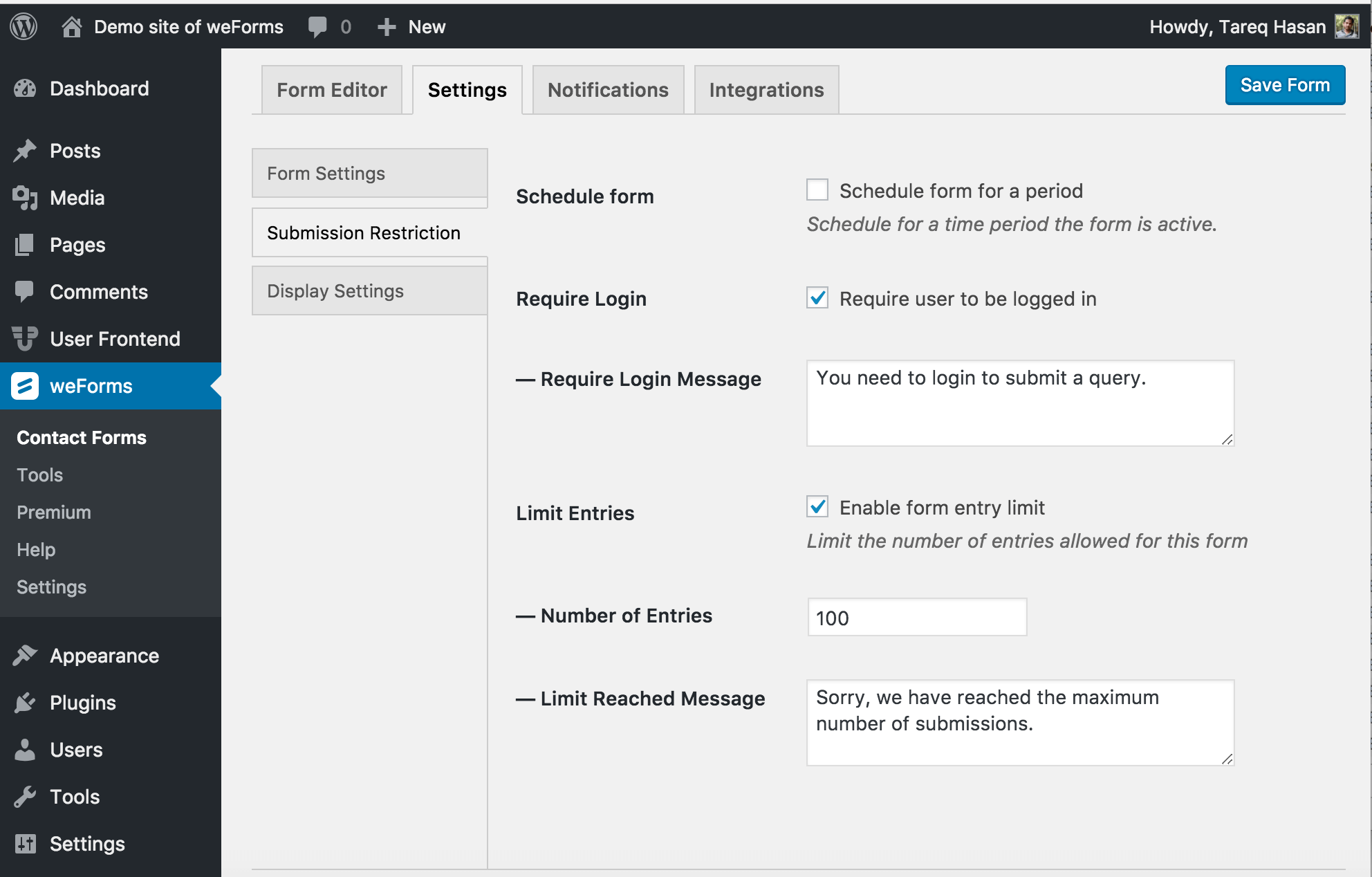 Configurações de restrição de envio de um formulário