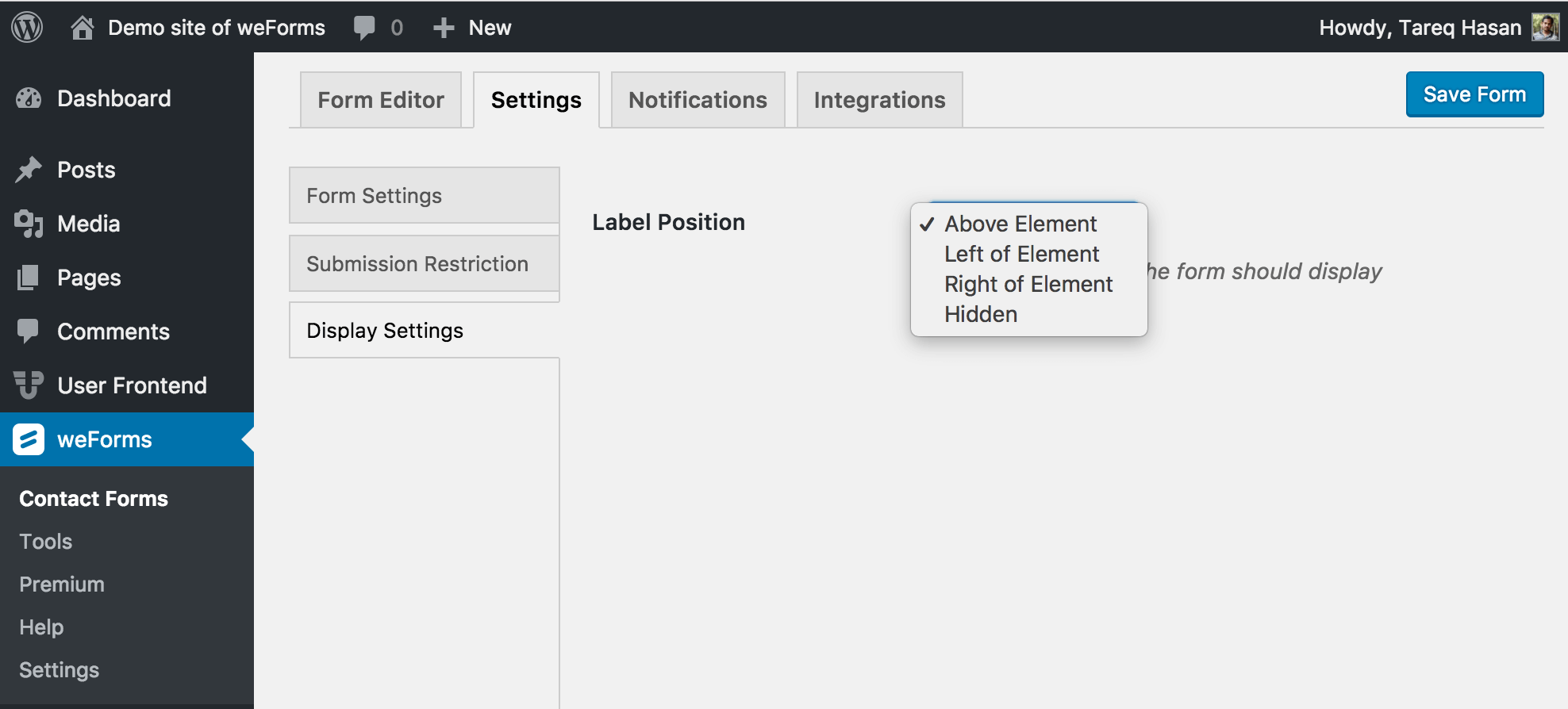 Form display settings