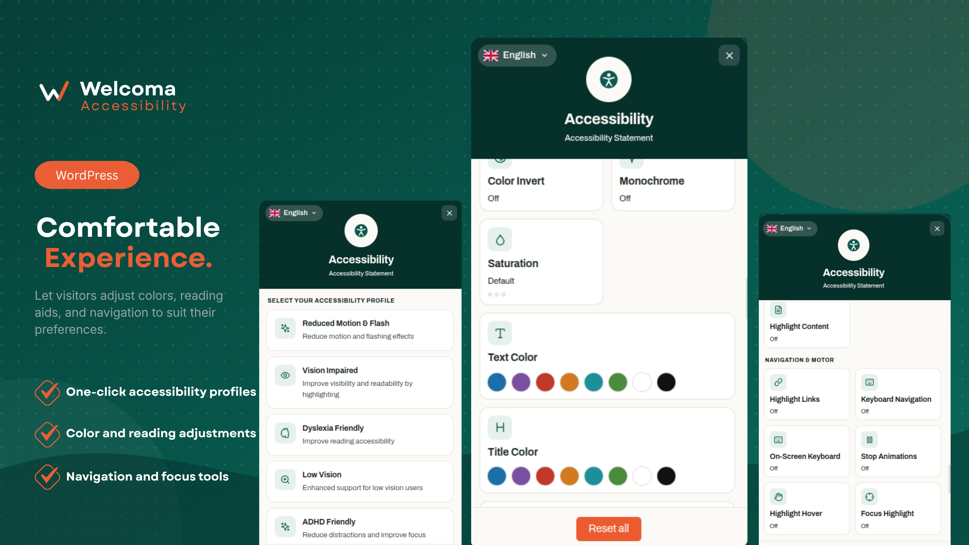 Accessibility Widget – One-click accessibility profiles, color and reading adjustments, and navigation and focus tools for your visitors.