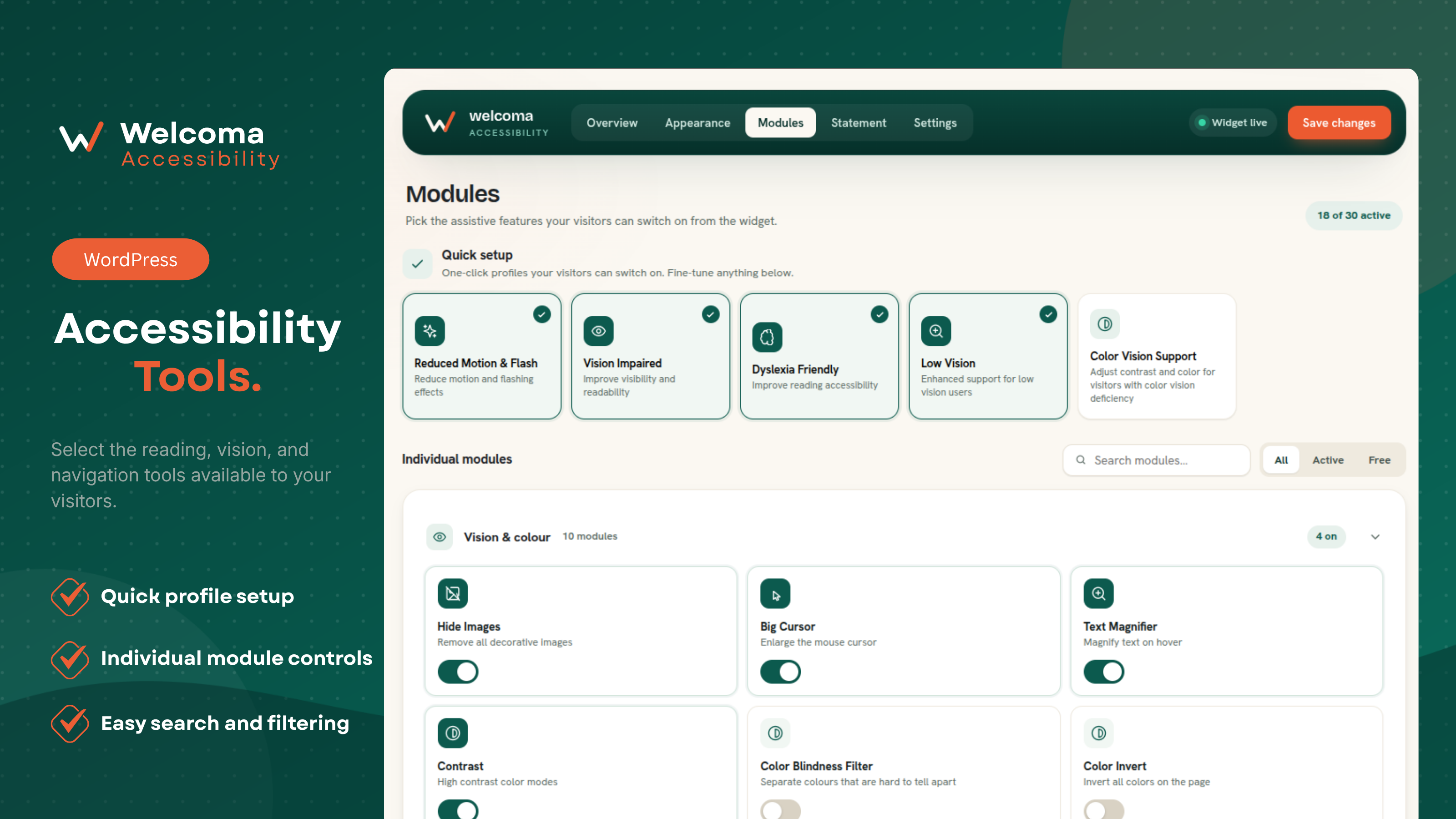 Modules – Enable quick-setup profiles and switch individual modules on or off, with search and filtering.