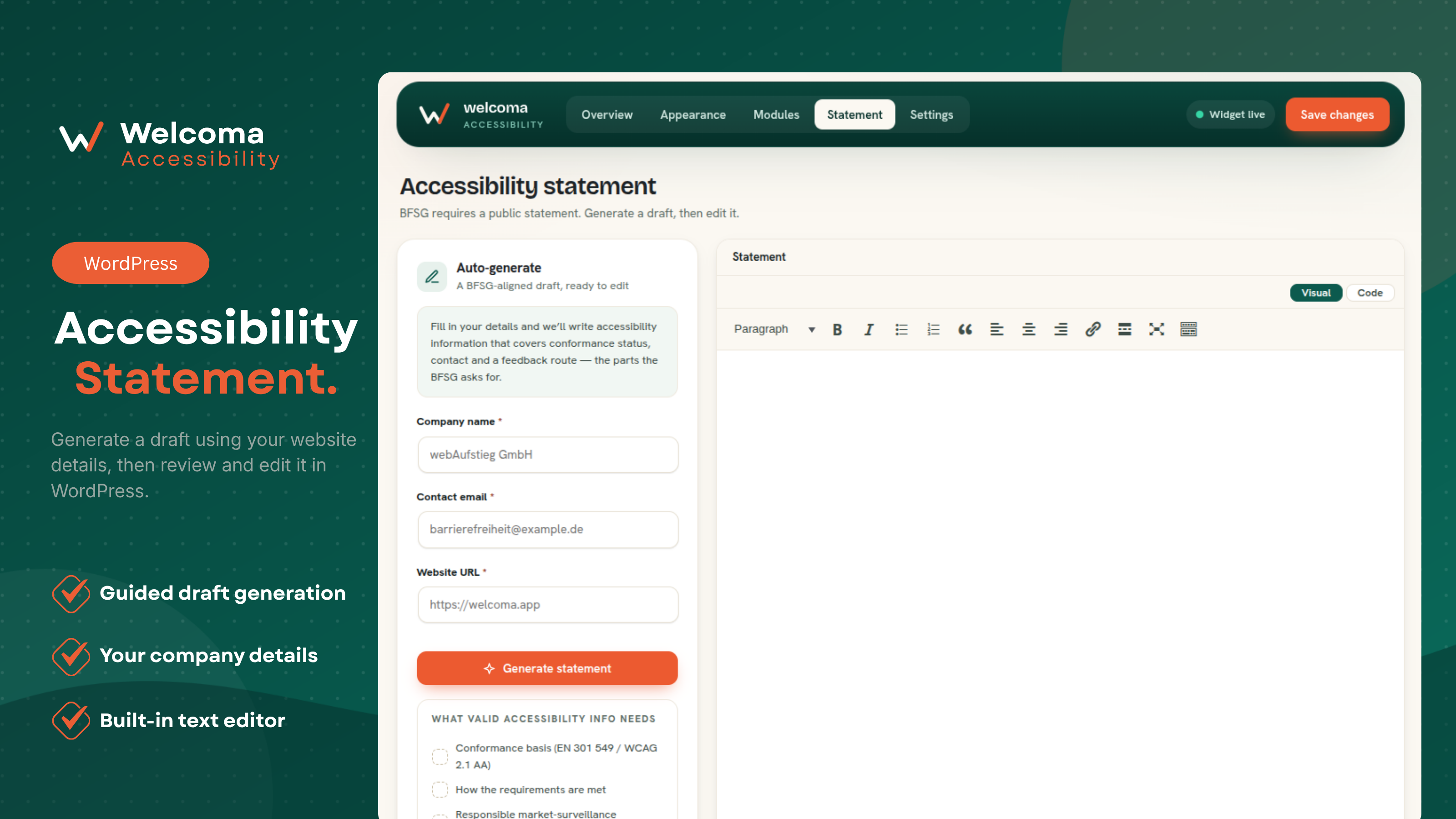 Accessibility Statement – Generate a BFSG-aligned draft from your company details, then review and edit it in the built-in editor.