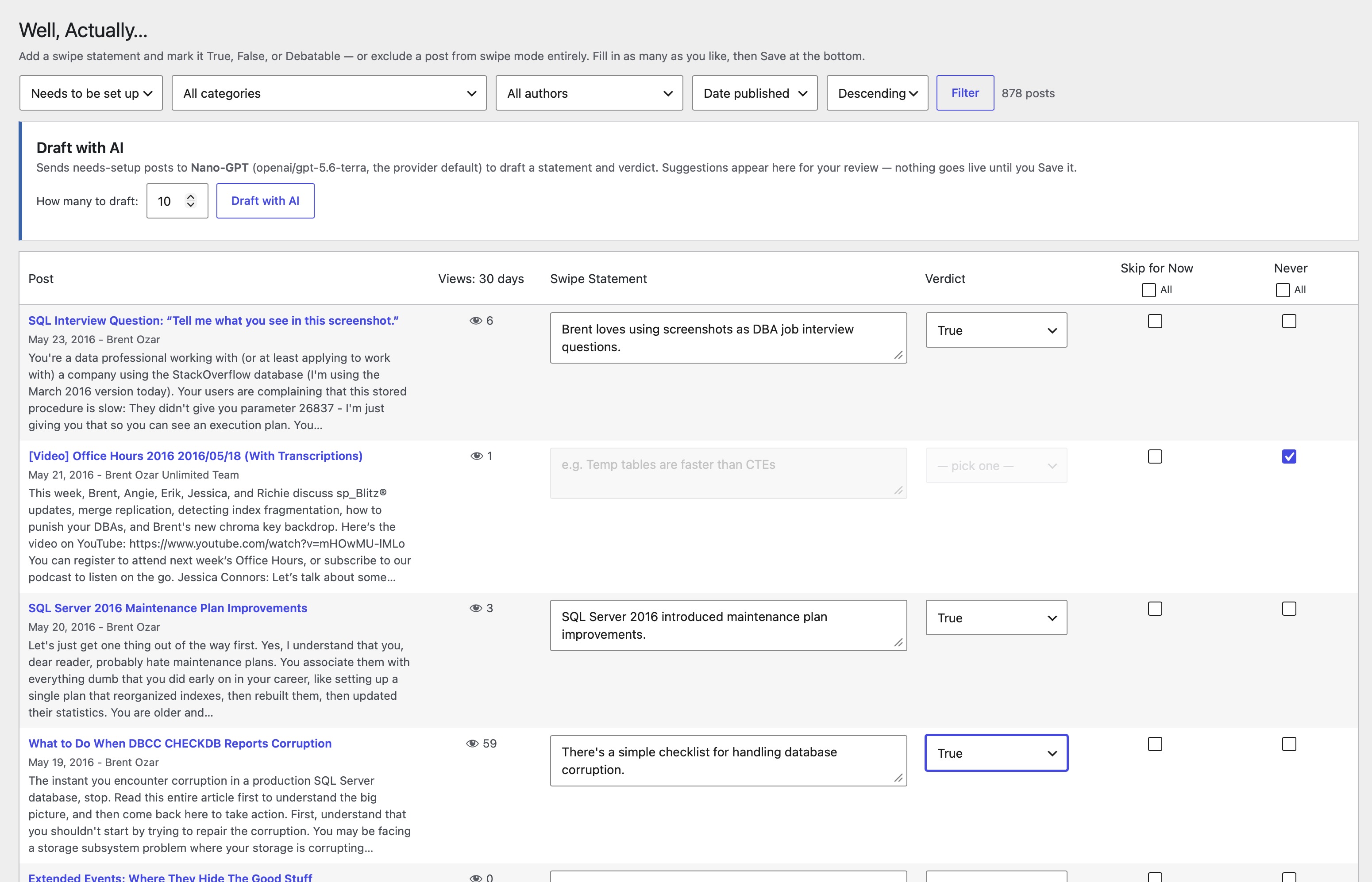 The bulk Swipe Setup screen with filters, AI drafting, view counts, and page-wide Skip or Never controls.
