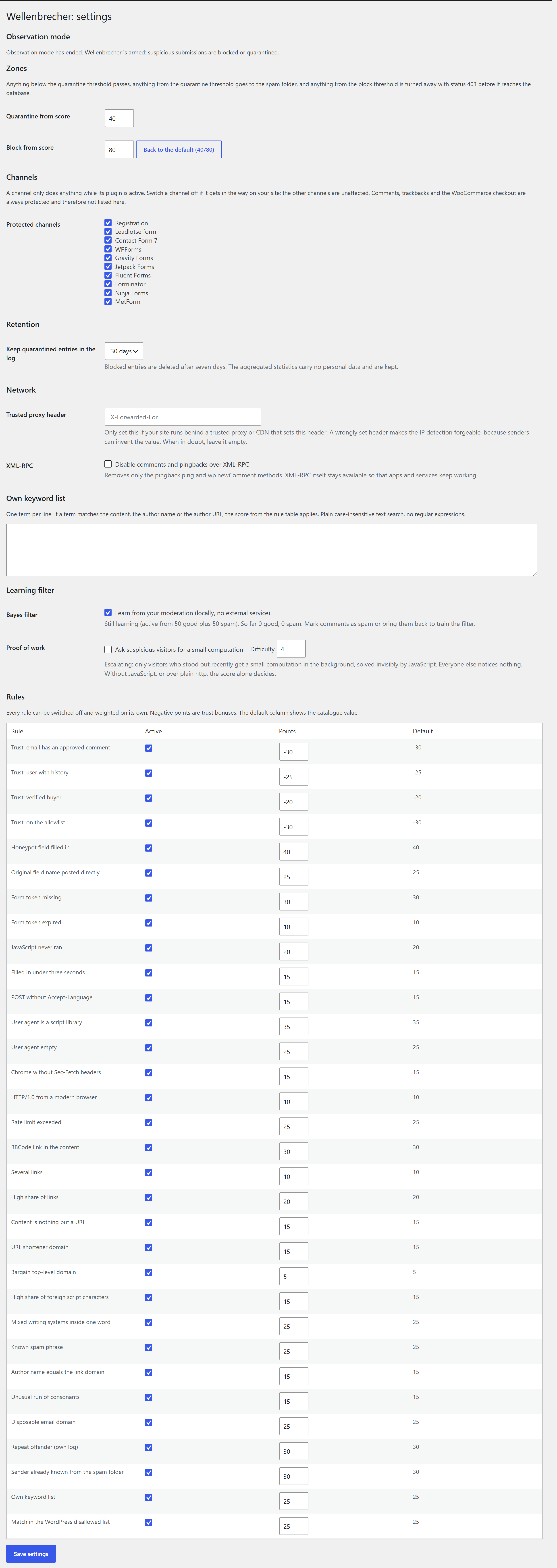 Settings: every rule can be switched off or reweighted, and the two thresholds that separate the three zones are set here.