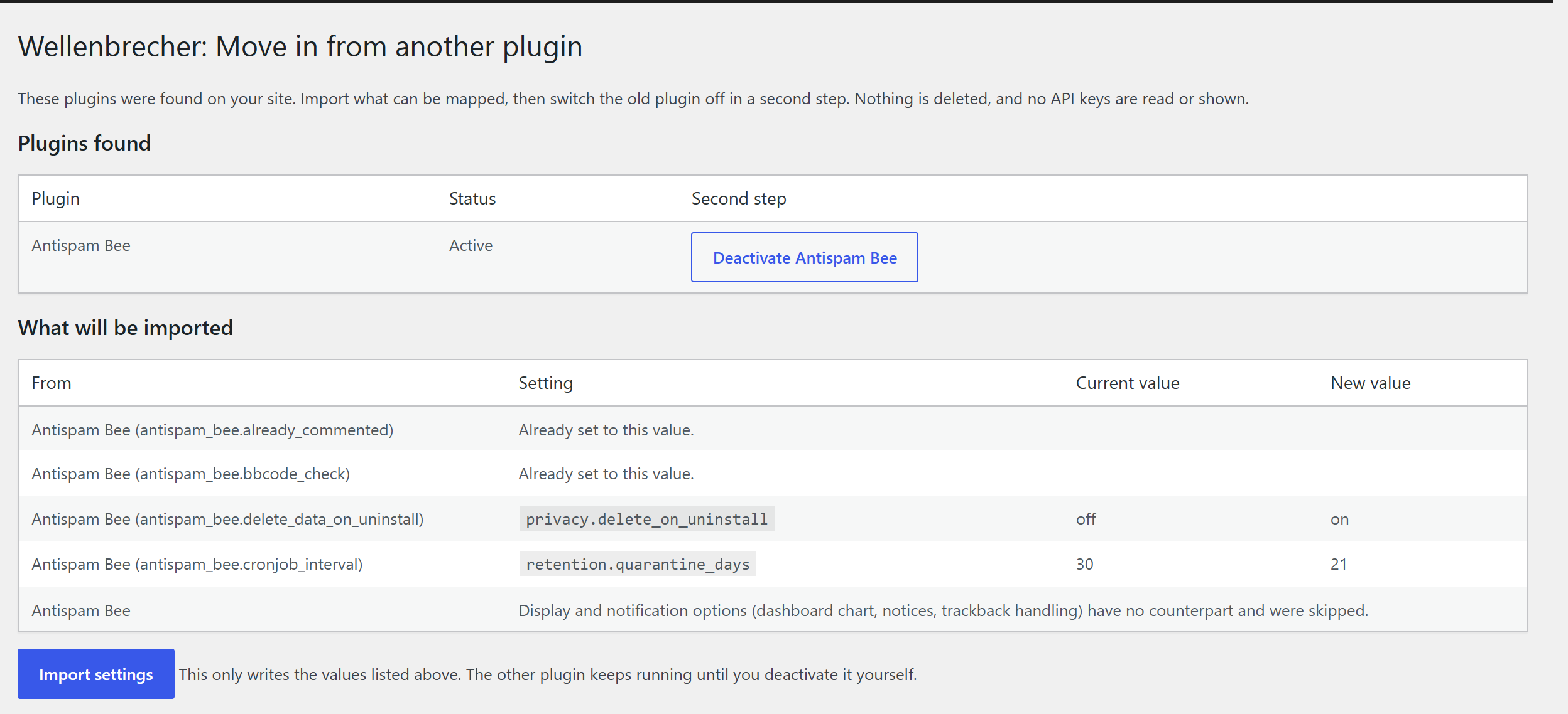 Move-in help: what a previously installed anti-spam plugin had configured, and what of it maps across.