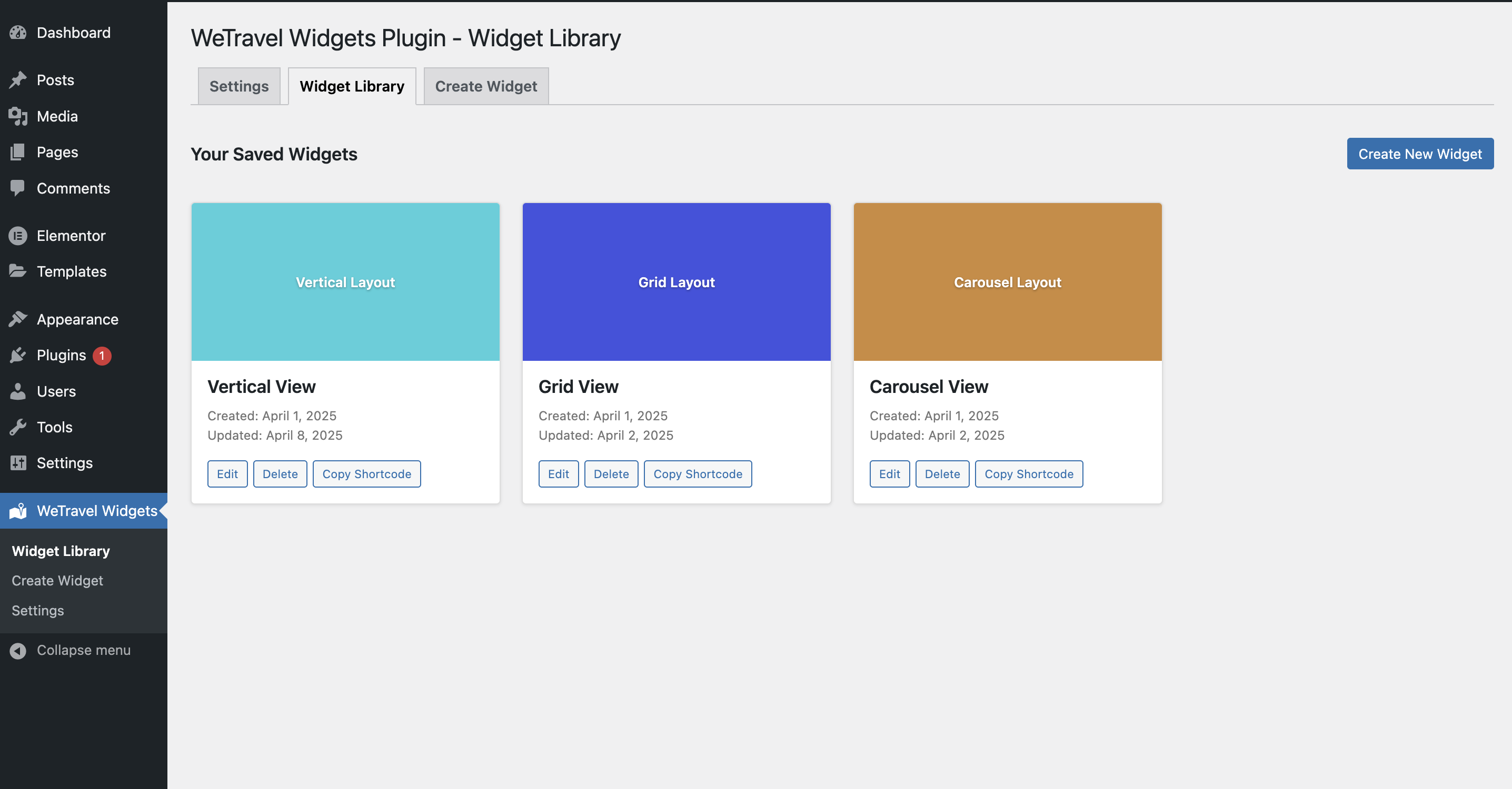 Widget Library showing multiple saved designs