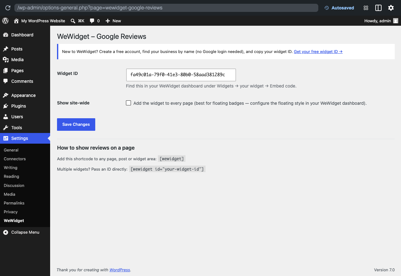 Plugin settings page — paste your widget ID and save