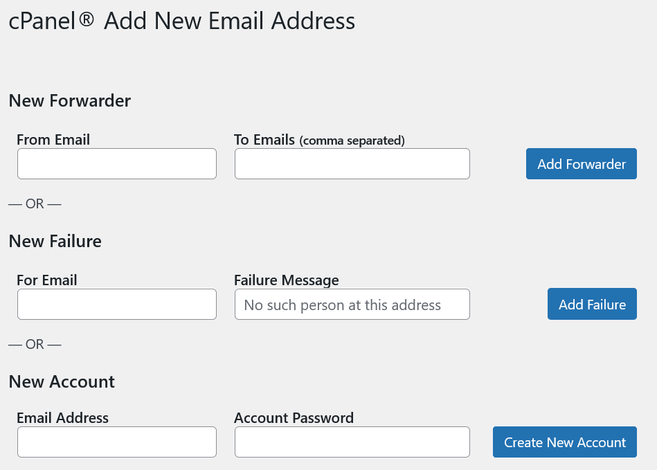 Add forwarders (aliases), failures or full accounts