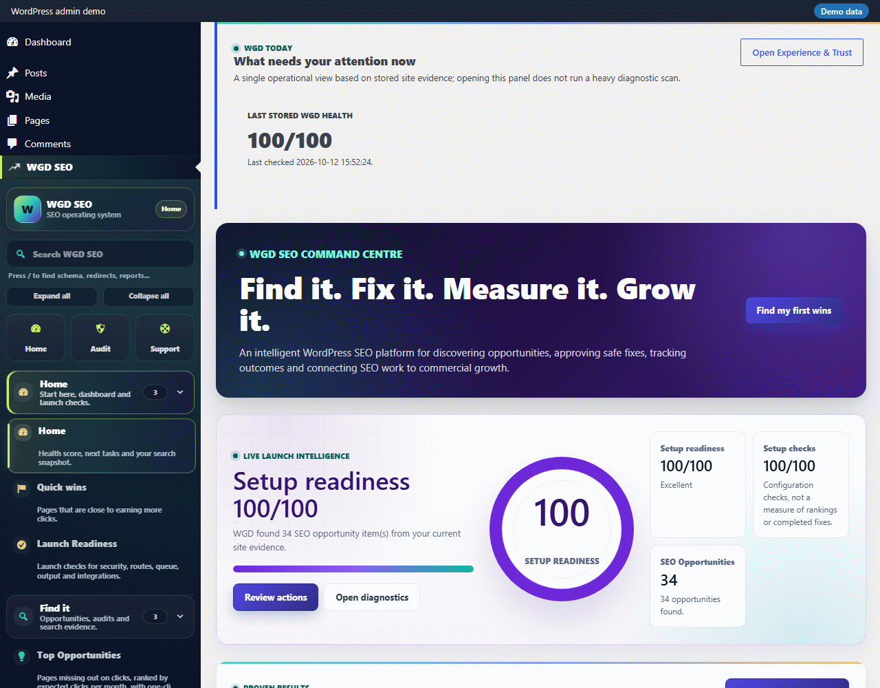 The Home screen shows your setup readiness and health score, with the Find it, Fix it, Measure it and Grow it menu.