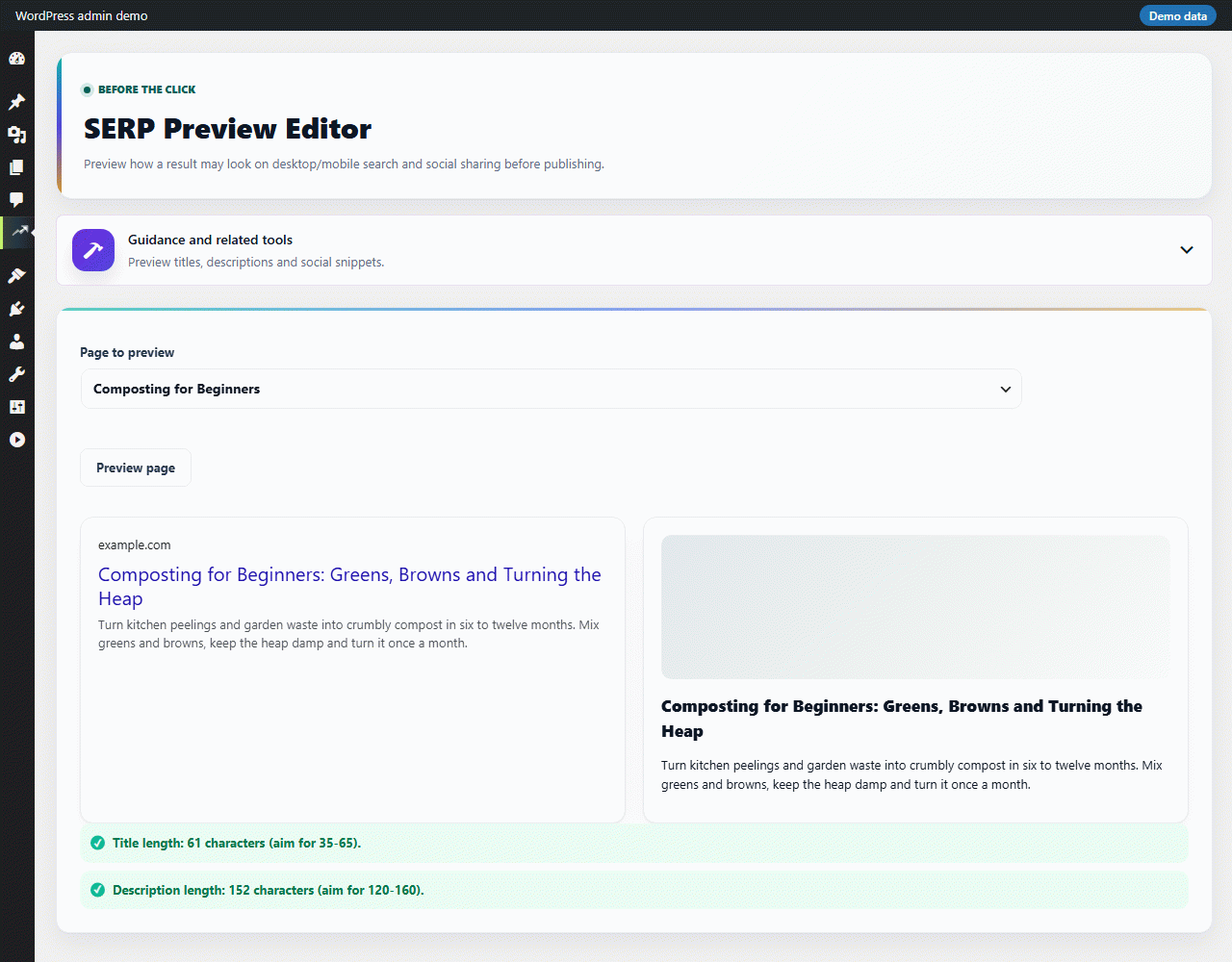 The SERP Preview Editor shows how a page's title and description may look in search results and when shared.