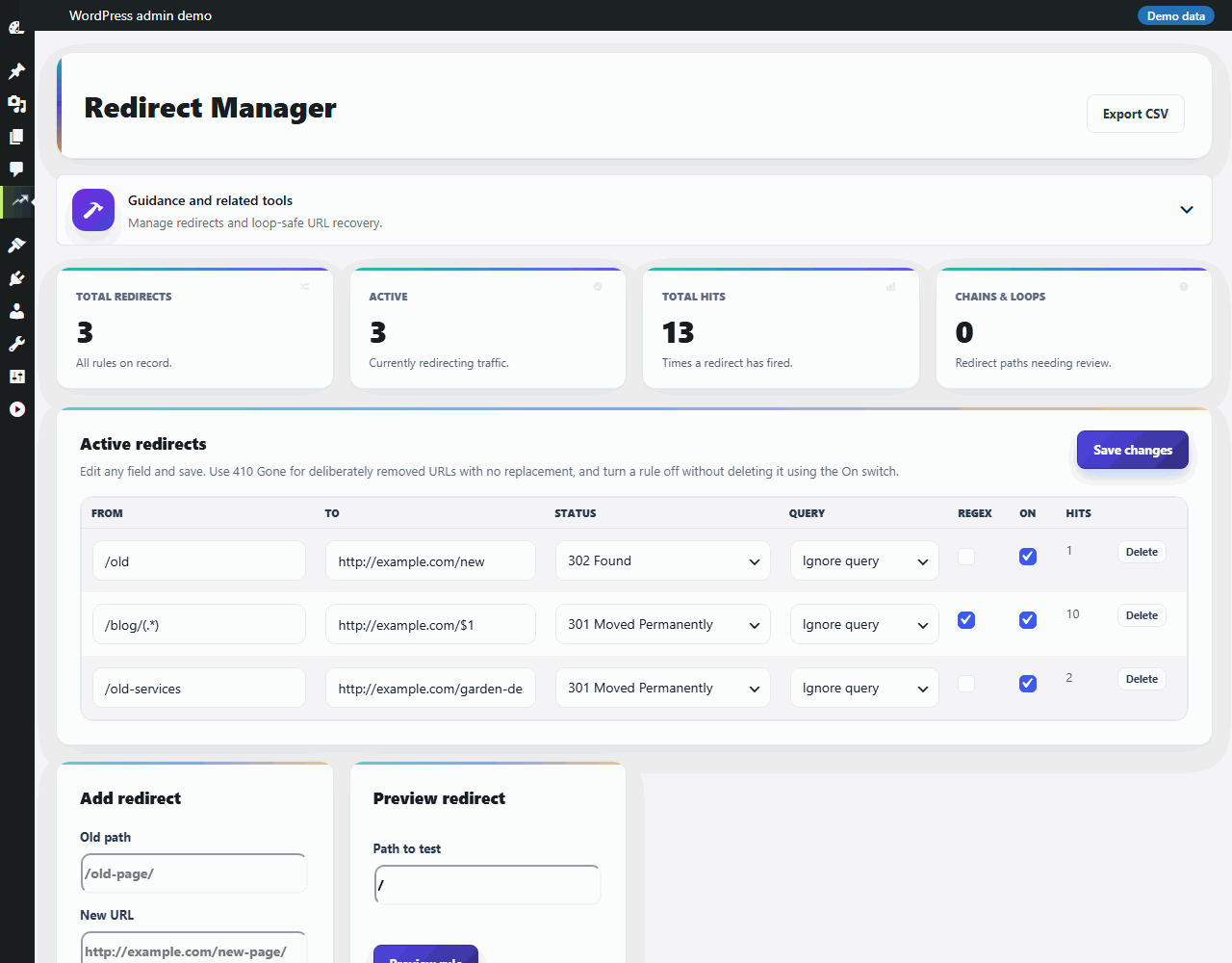 The Redirect Manager lists your redirect rules, including regular expressions, status codes and CSV import.