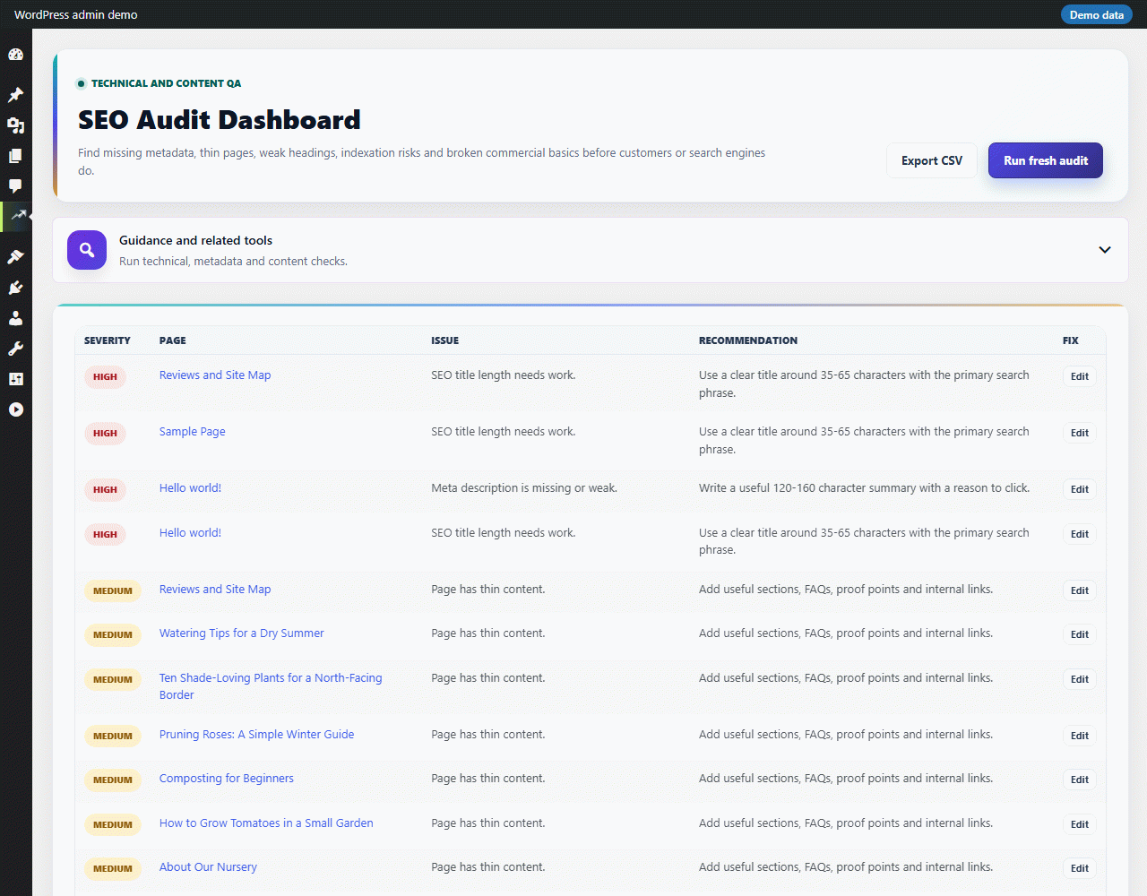The SEO Audit lists title, description, content and image problems and the page each one affects.