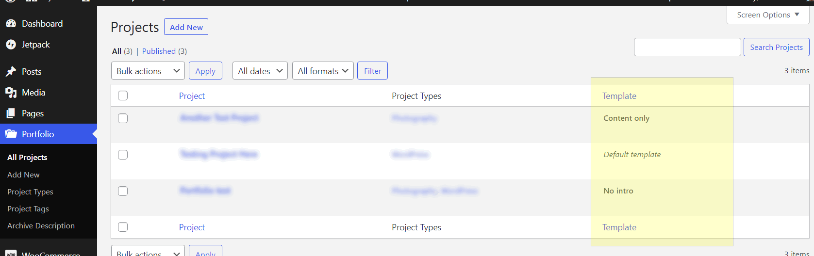 Posts list table with "Template" column.