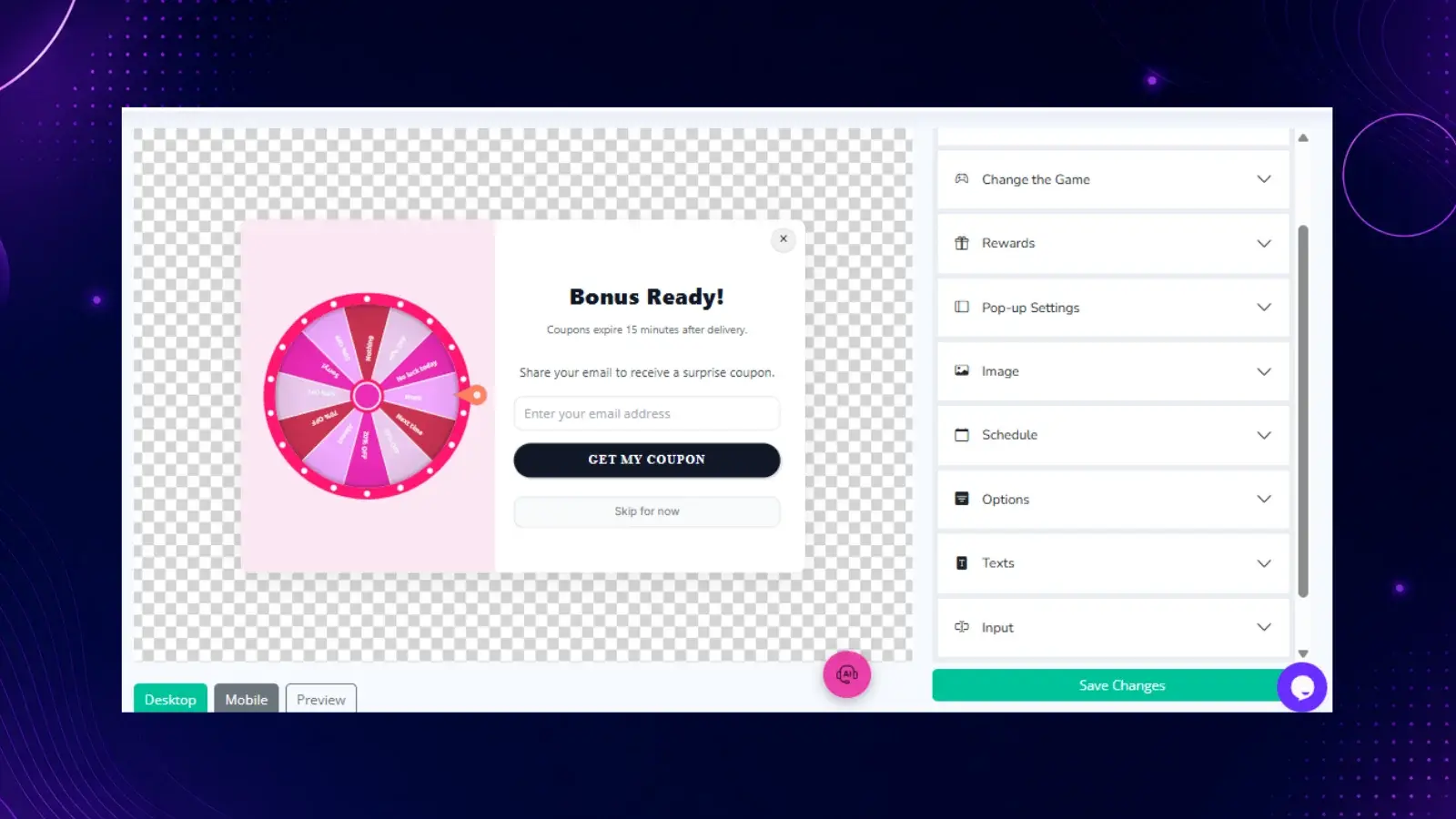 Spin the Wheel campaign that rewards visitors with a coupon in exchange for their email address.