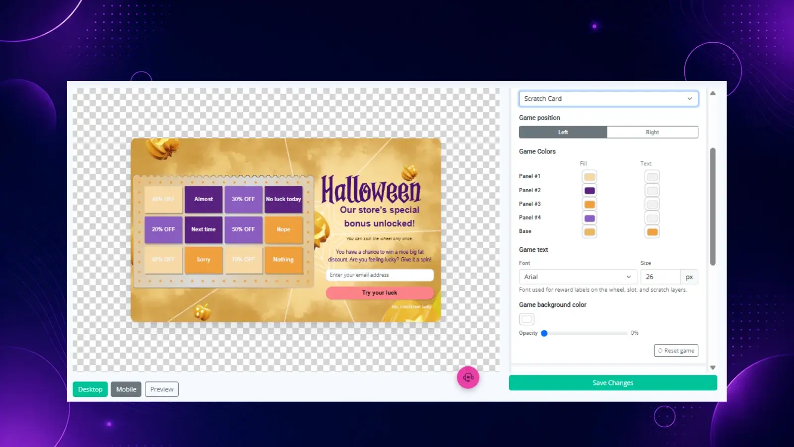 Scratch Card campaign with a seasonal Halloween theme and customizable game colors and fonts.