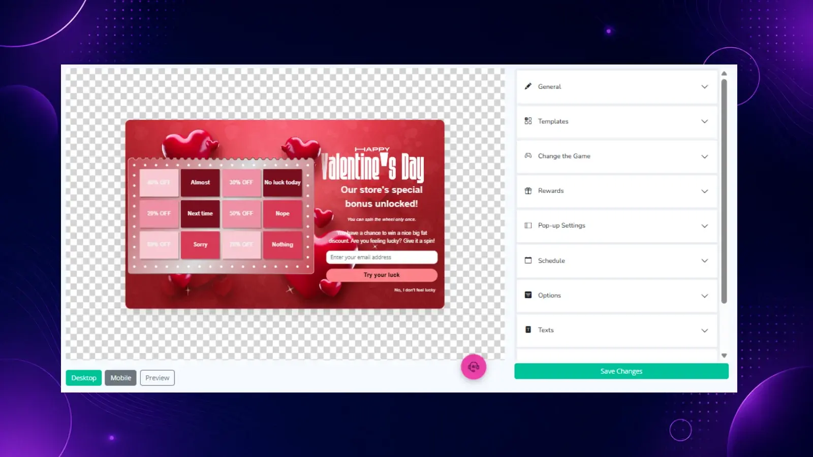 Ready-to-use seasonal templates, such as a Valentine's Day scratch card.