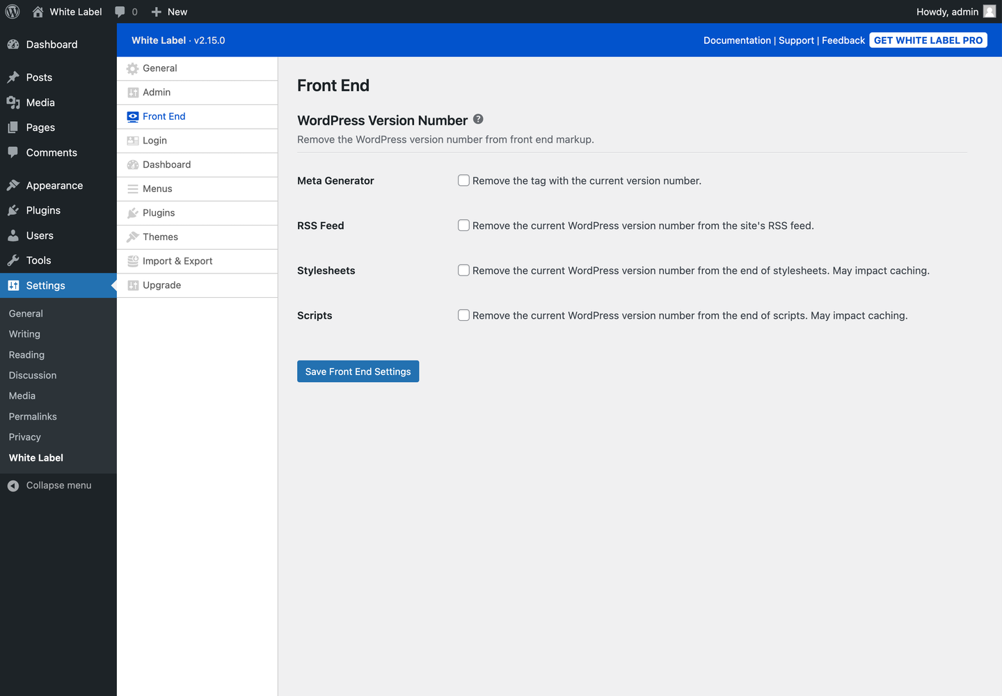 White Label Front End Settings