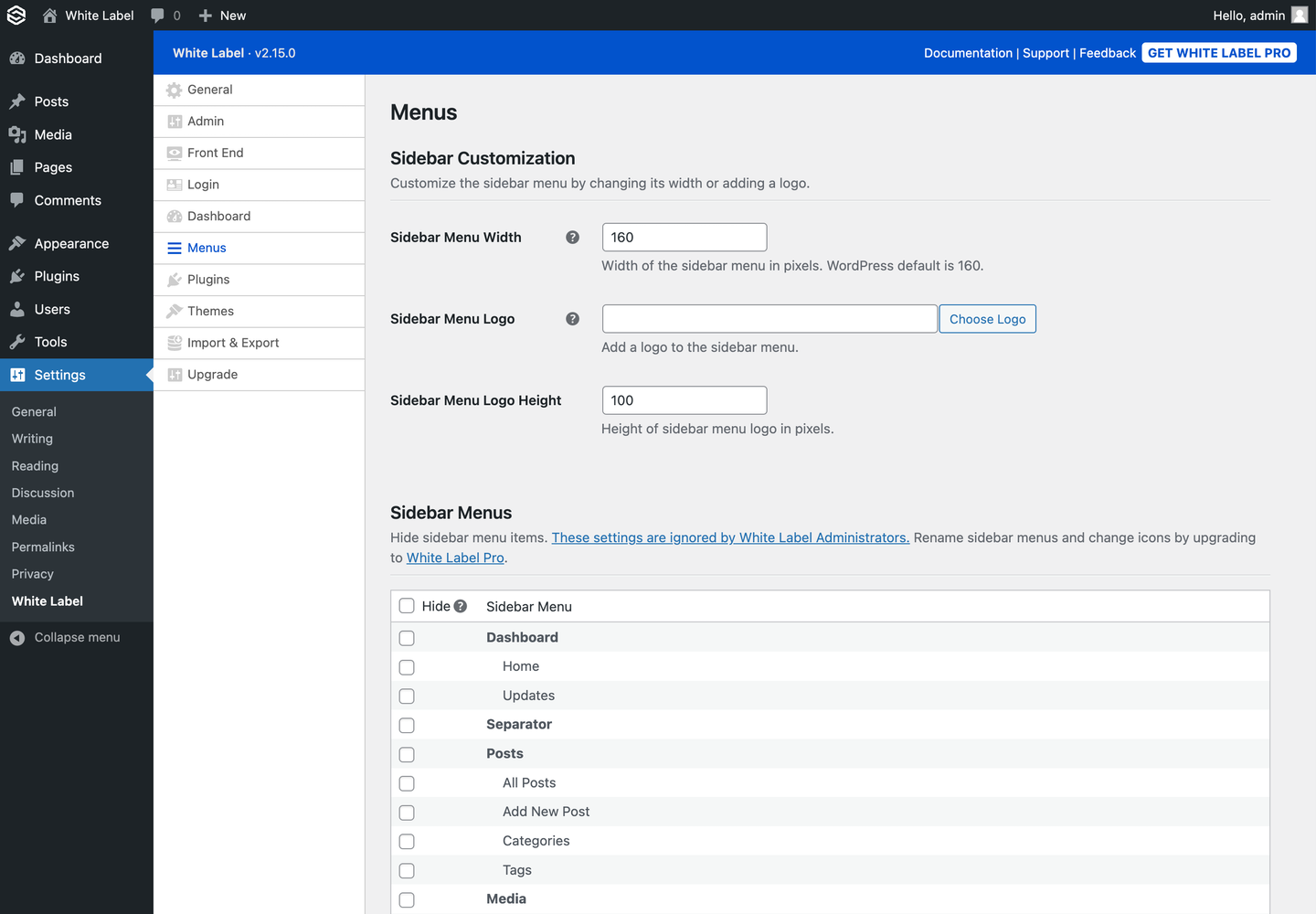White Label Menus Settings