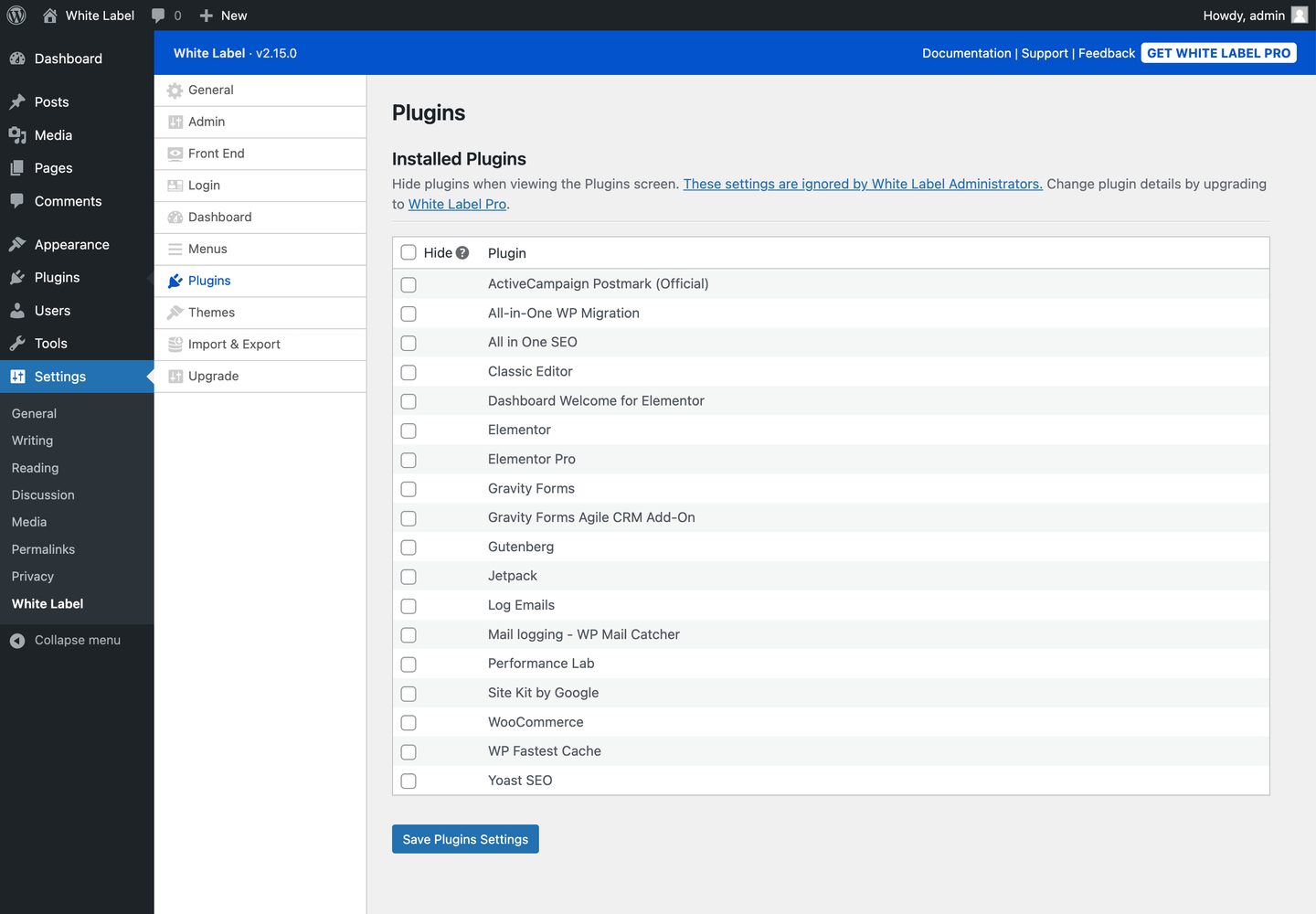 White Label Plugins Settings