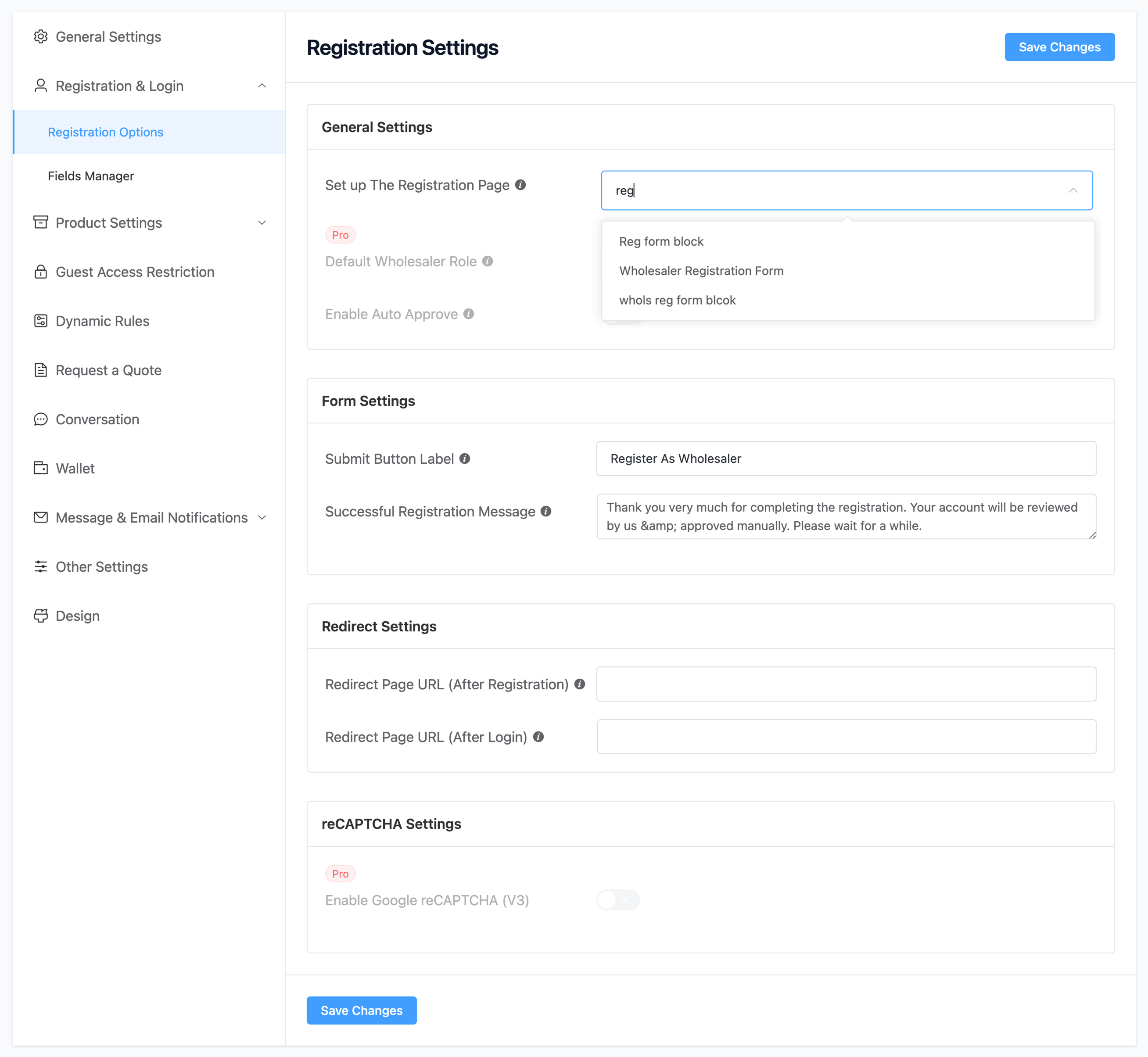 Registration & login settings overview.