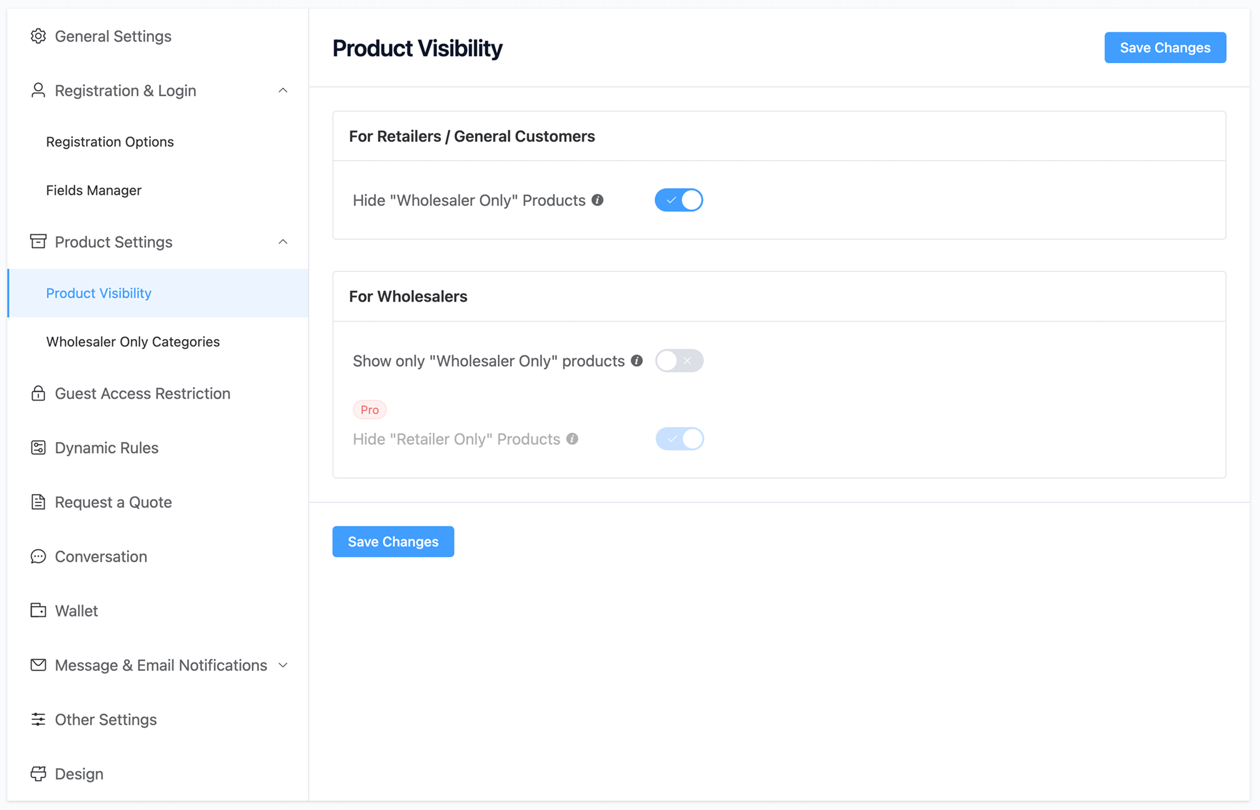 Product visibility settings.