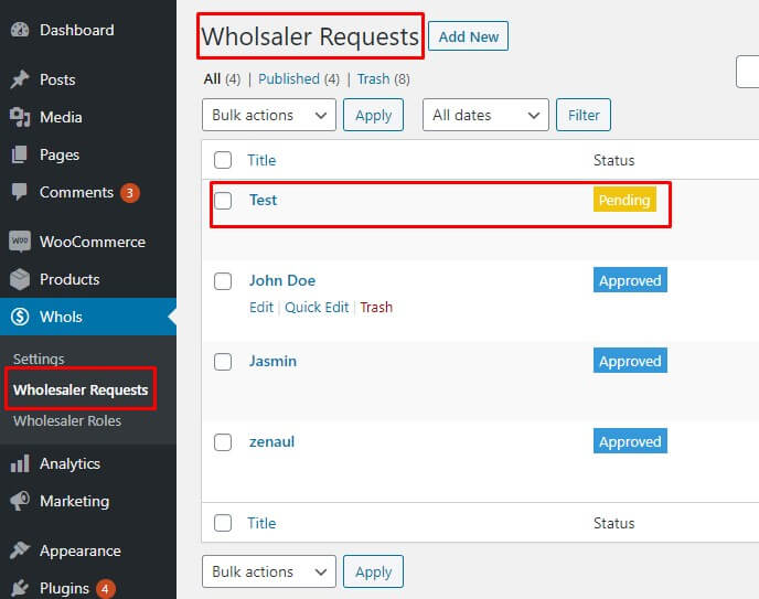 Admin panel view of pending approvals.