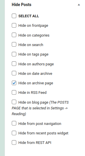 <p>The Hide Posts options in the Add / Edit post screen.</p>