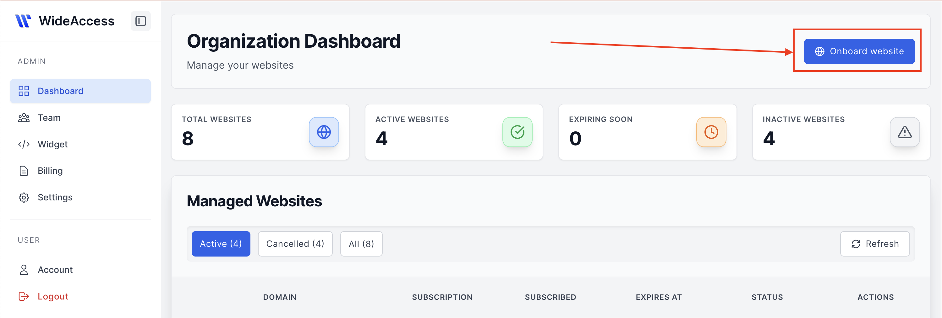 How to onboard a domain for PRO version: Click on Onboard Website at wideaccess.ca