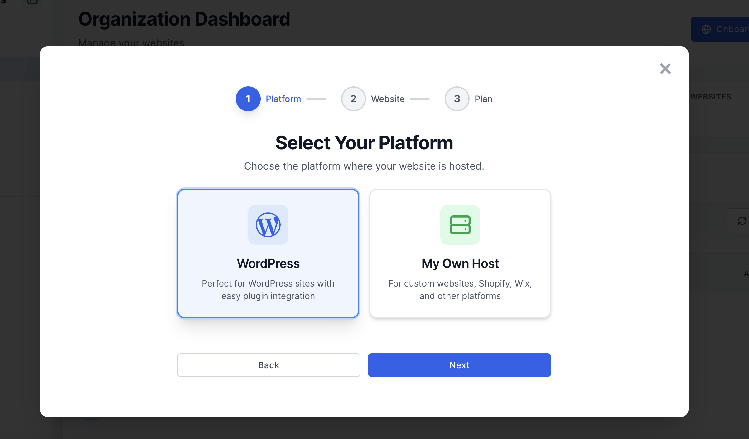 How to onboard a domain for PRO version: Select WordPress as platform