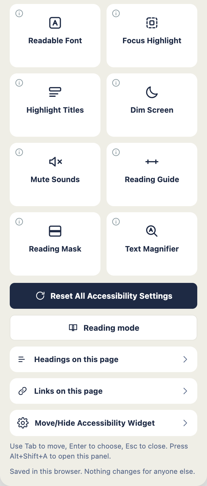 The rest of the panel: the newer controls, a reading mode, and quick jumps to any heading or link on the page.
