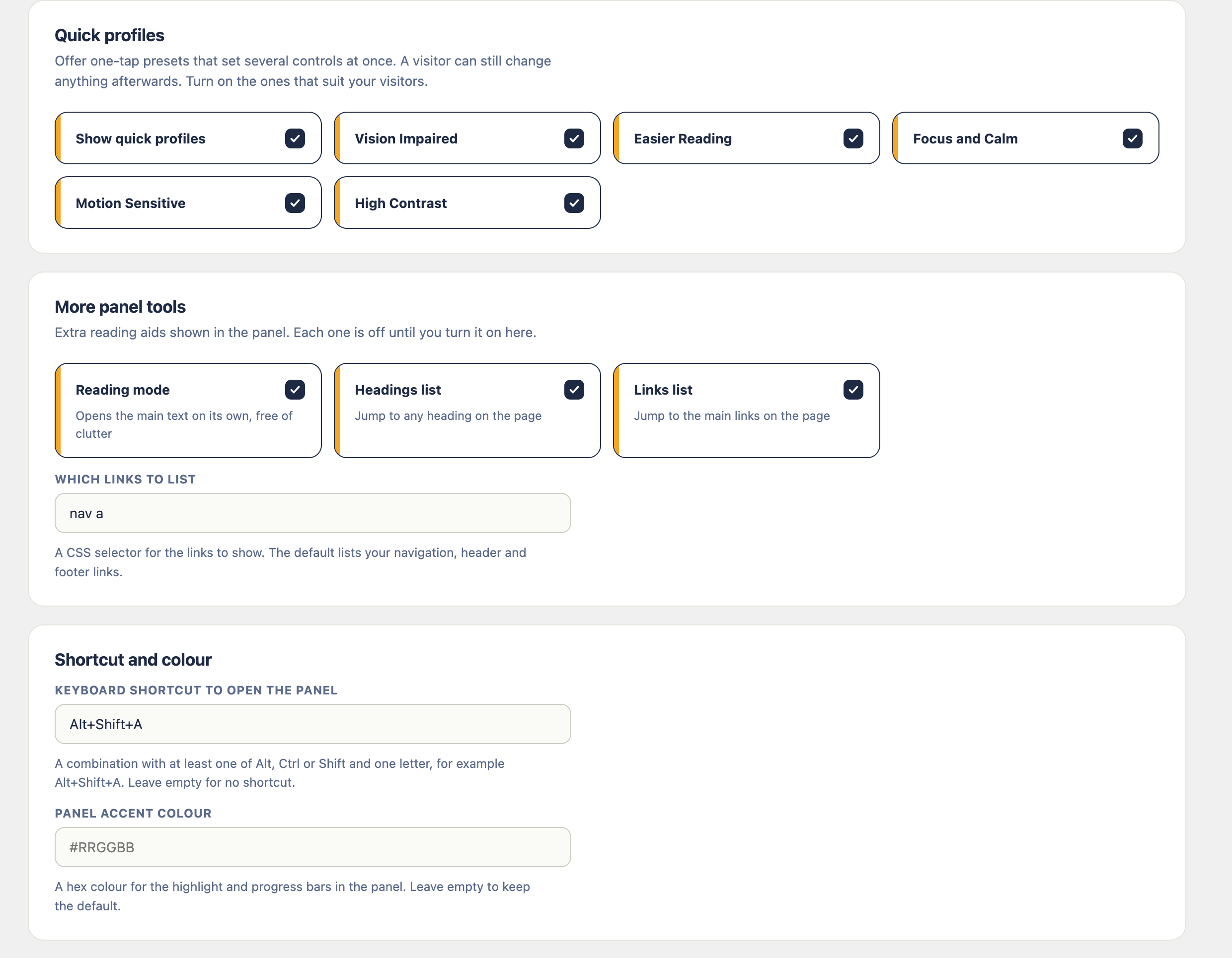 More settings: quick profiles, the reading mode and page navigators, a keyboard shortcut, and the panel's accent colour.