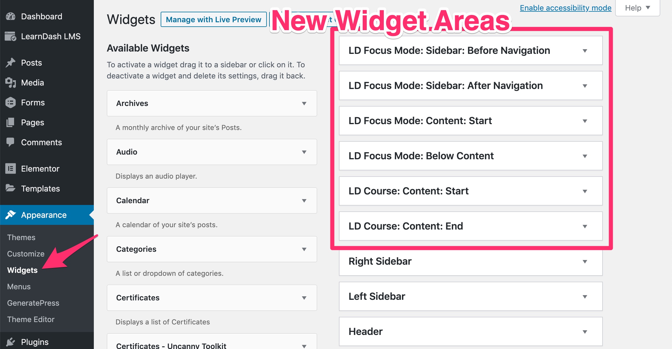 New LearnDash widget areas shown on the Appearance > Widgets screen