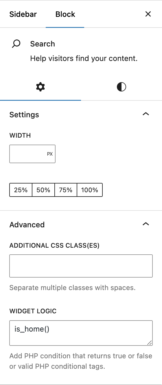 The 'Widget logic' field at work in Gutenberg widgets.