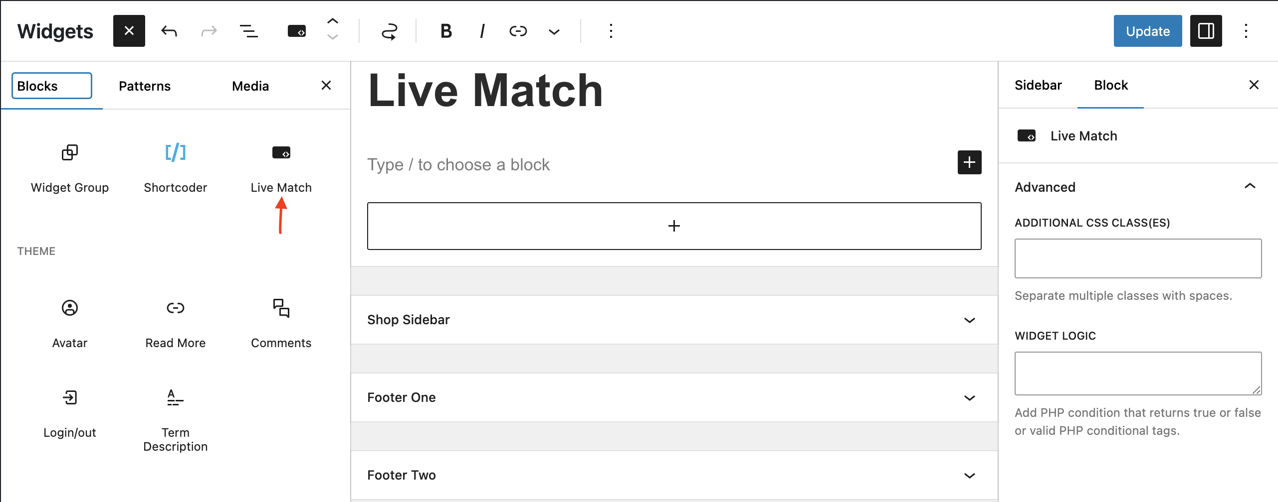 Pre-installed 'Live Match' widget in widgets section