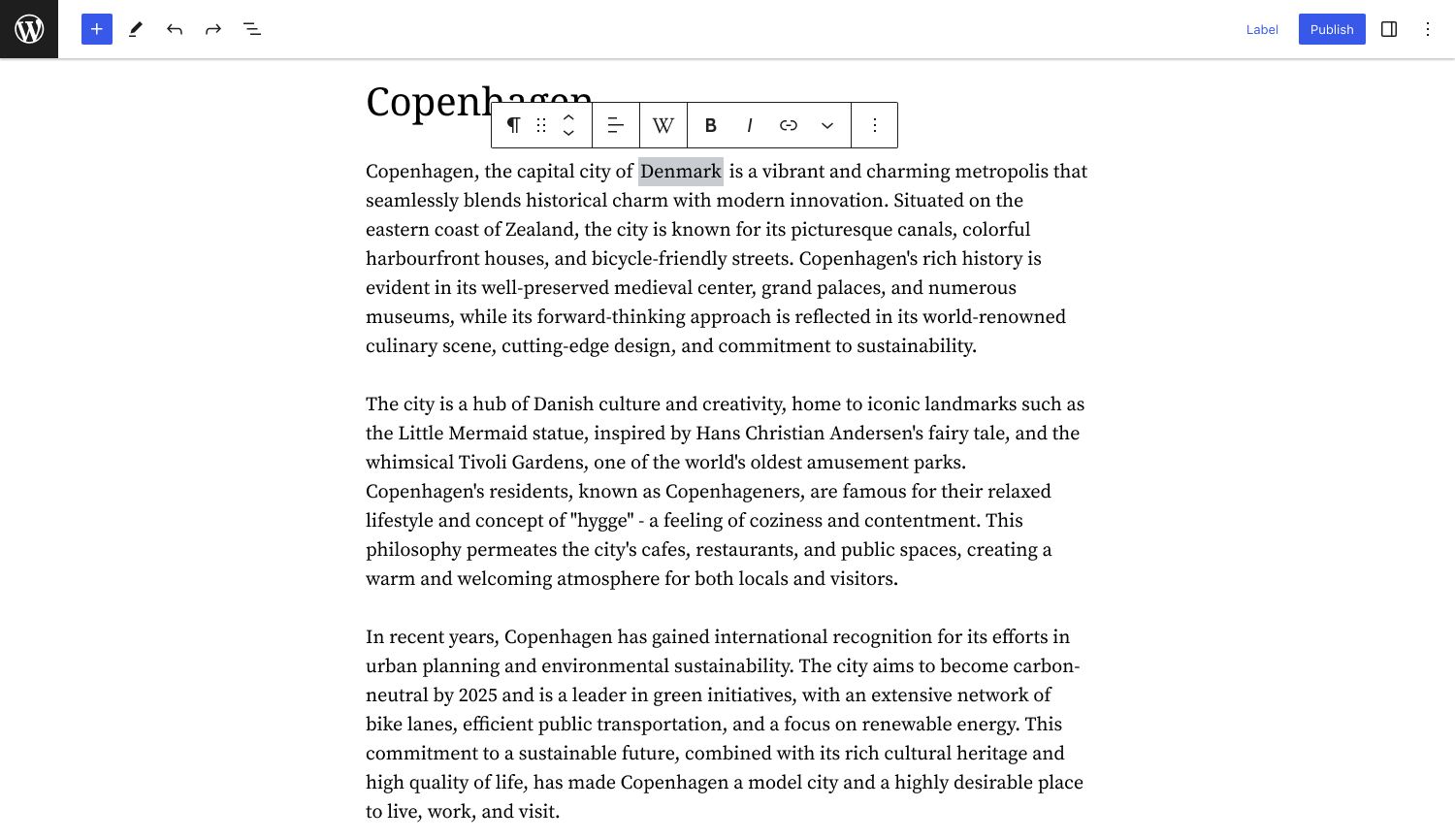 Highlight text and select the 'W' icon to add a Wikipedia Preview in the Gutenberg editor
