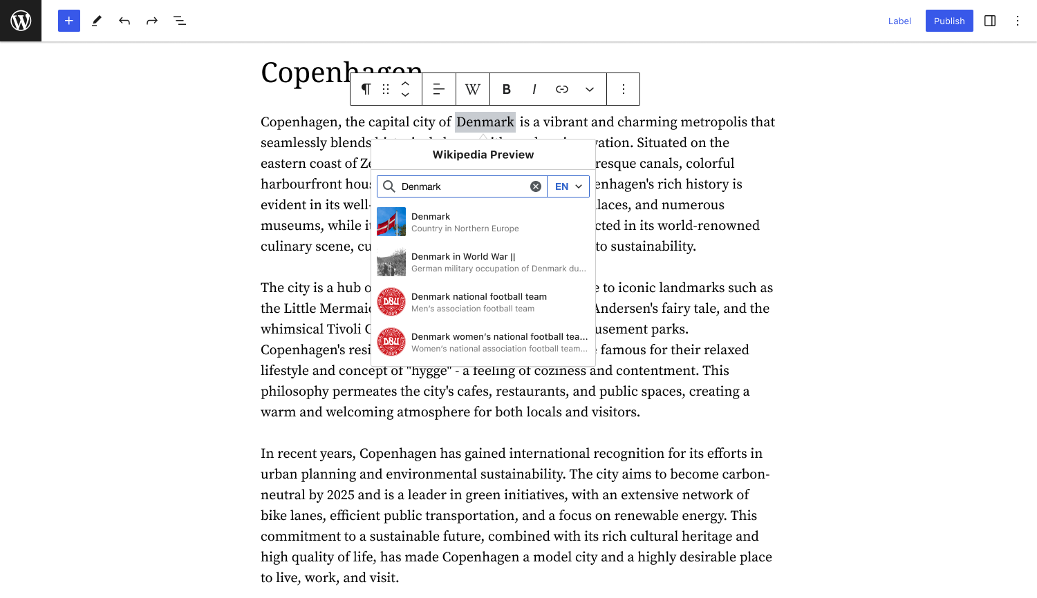 Choose the desired Wikipedia article from the search results to create the preview