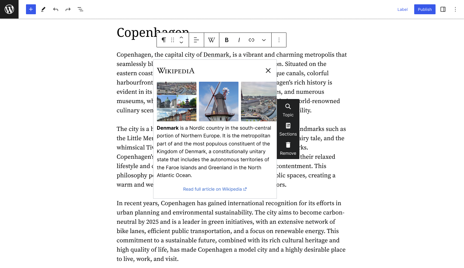 Preview the Wikipedia article and customize the content using the toolbar