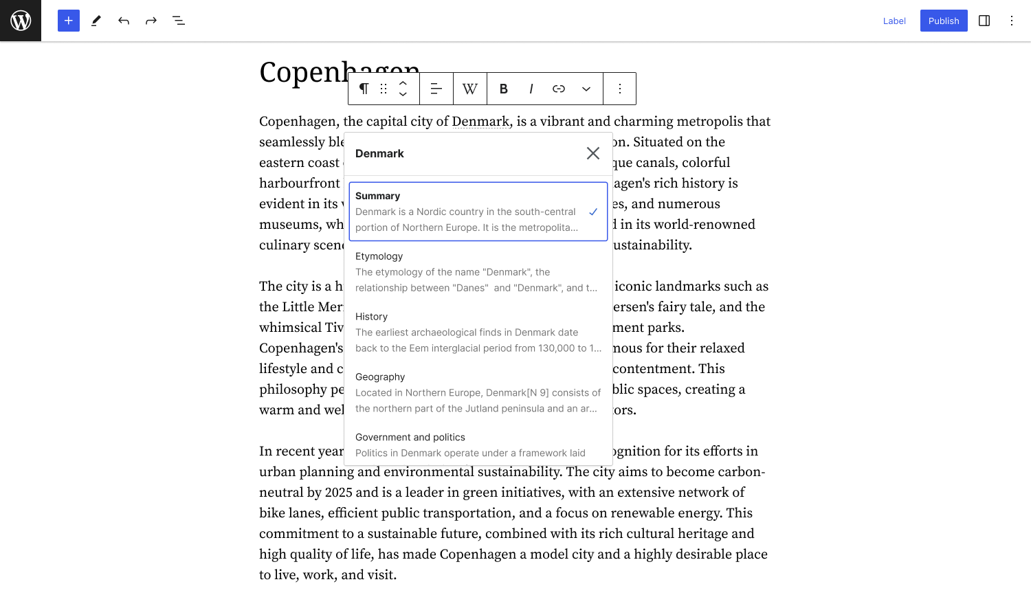 Choose a specific section of the Wikipedia article to add as a preview