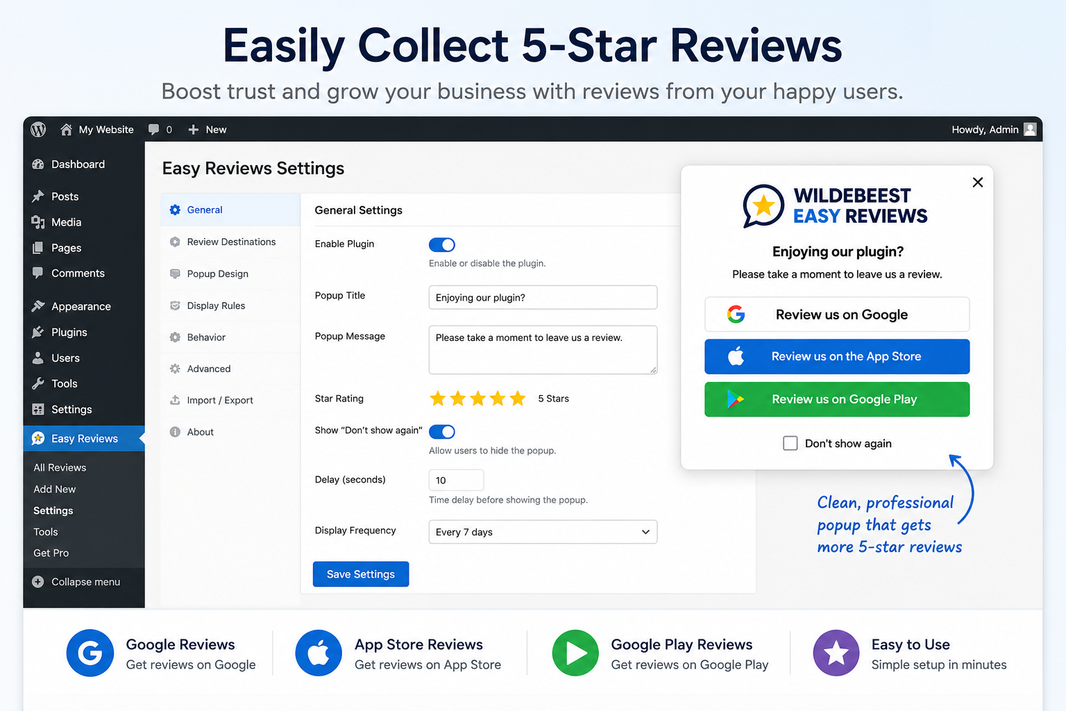 Easy Reviews settings page.