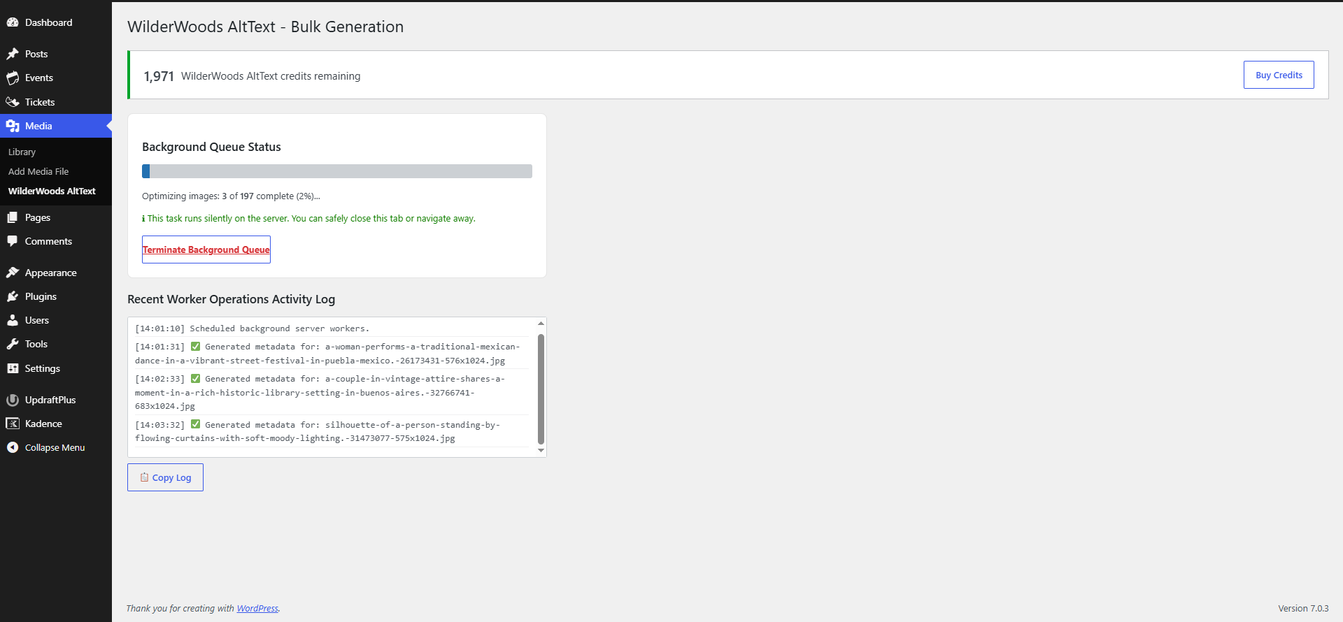 Bulk generation dashboard with live progress and credit balance.