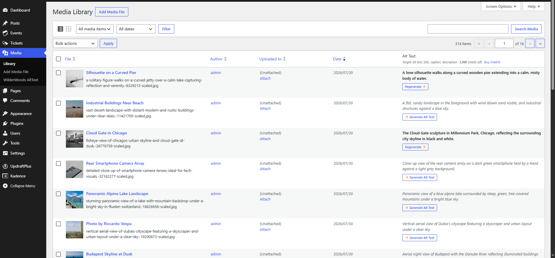 Media Library list view showing per-image alt text and one-click generation.