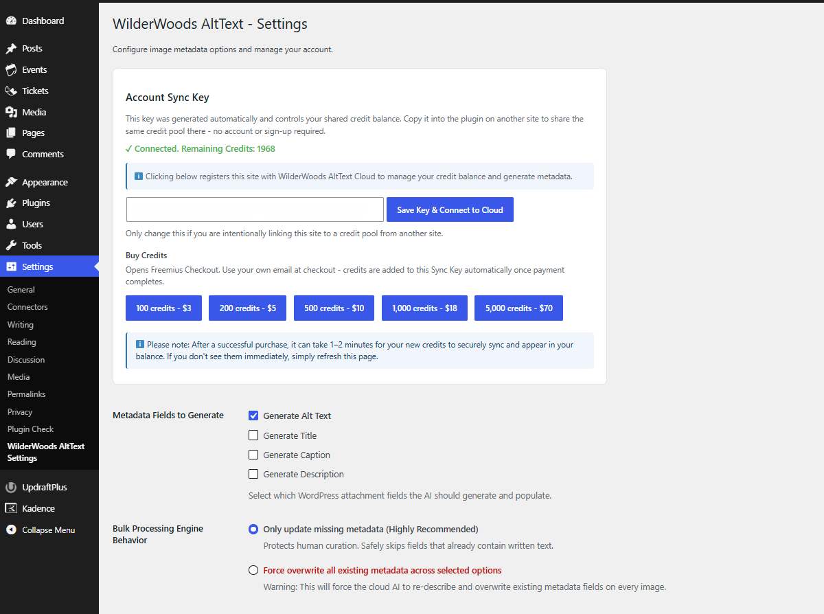 Settings page showing Sync Key, connection status, generation options, and available credit packs.