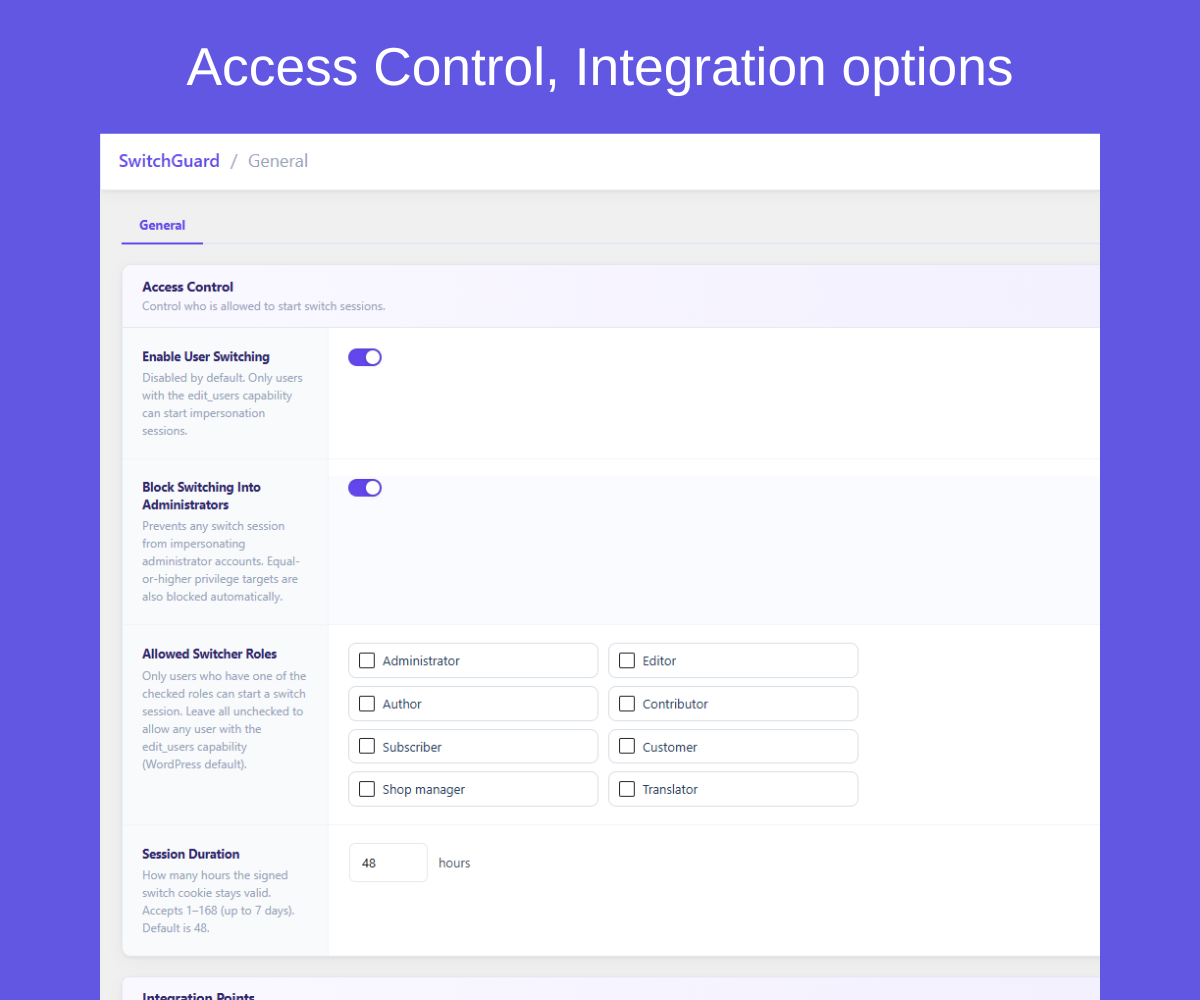 Settings page – Access Control, Integration Points, and session duration settings.