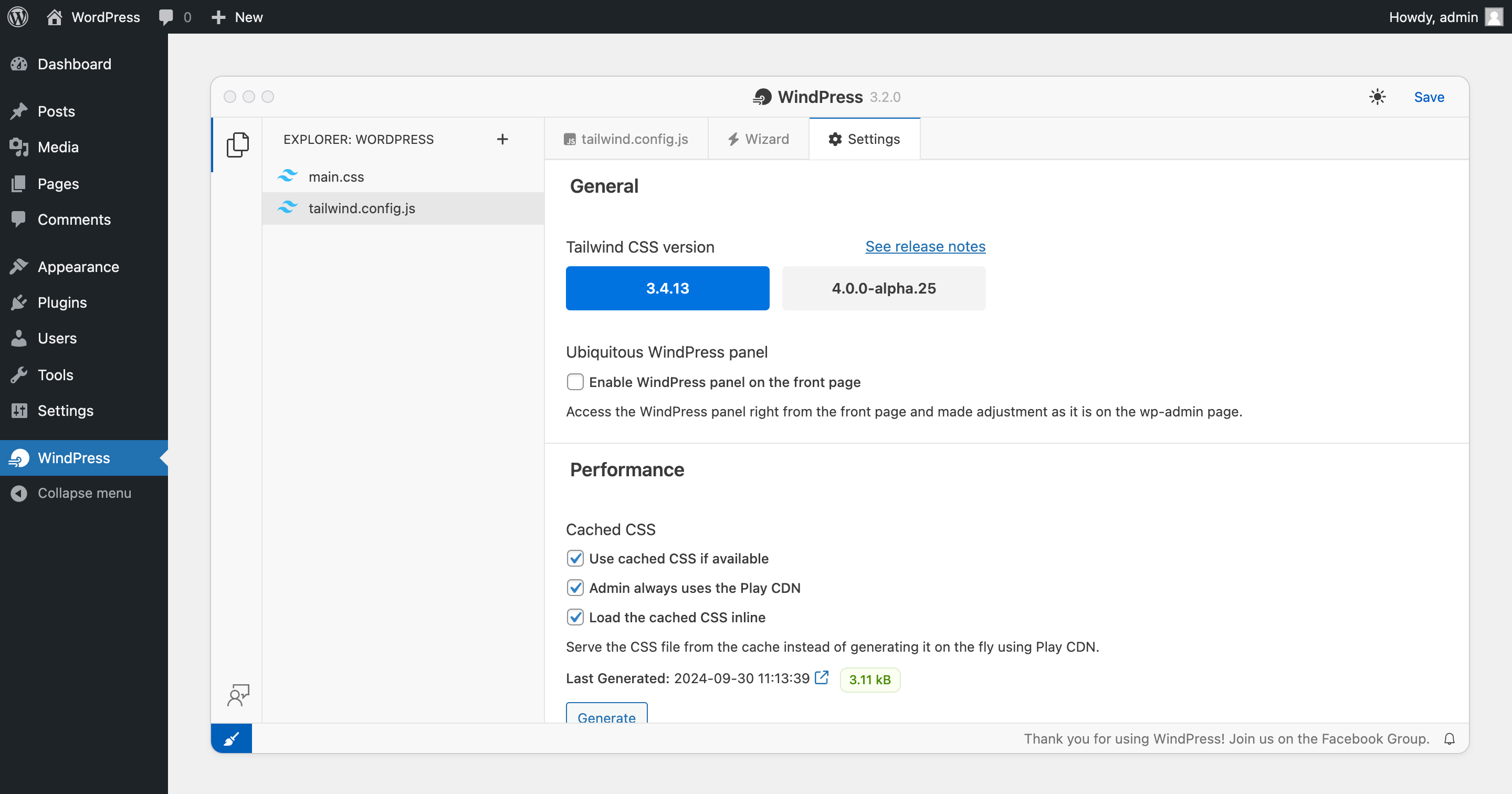 The WindPress settings page to choose the Tailwind CSS version or generate the cached CSS file.