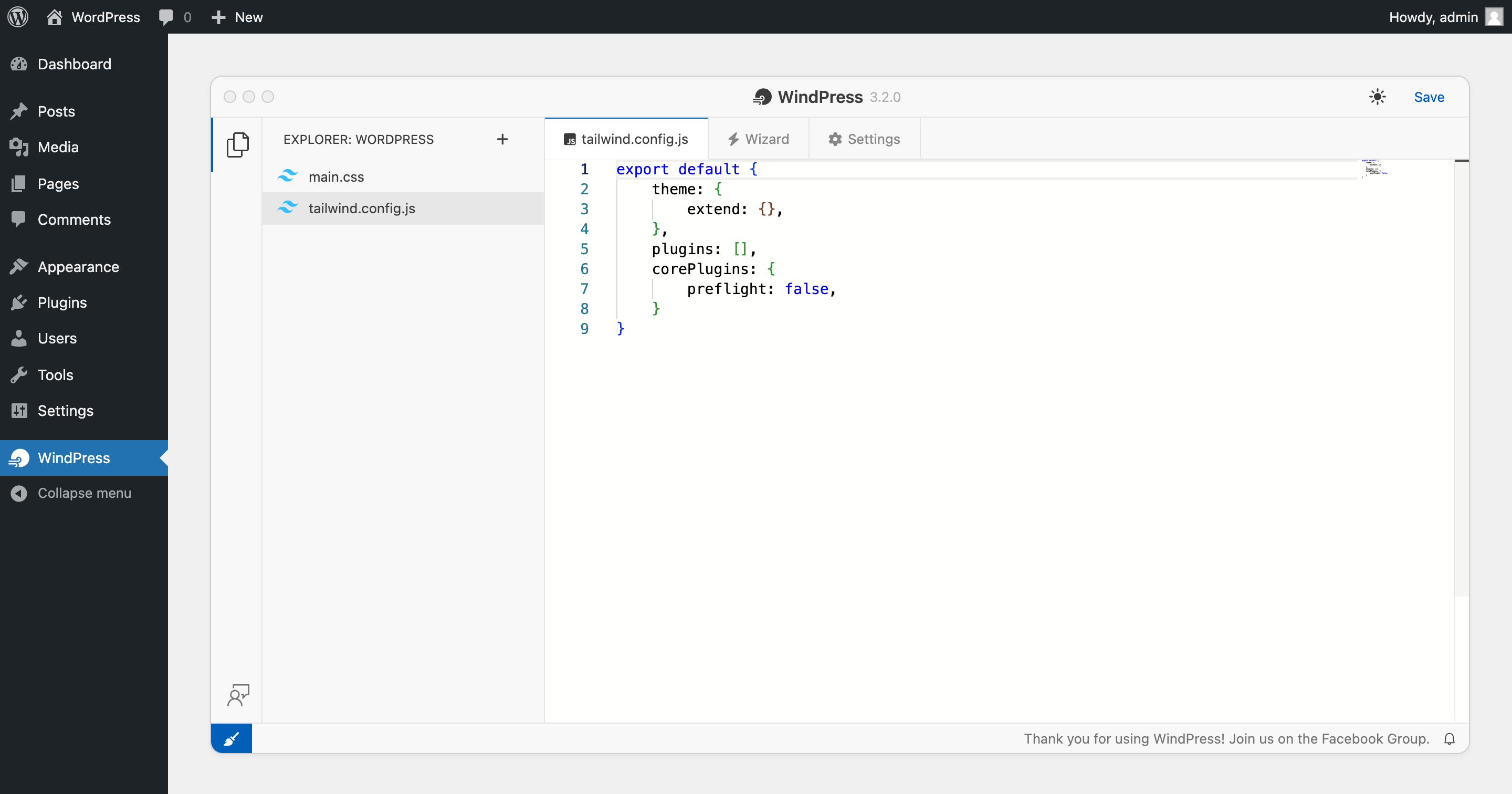 The <code>tailwind.config.js</code> file editor, which let adding the Tailwind CSS plugins.