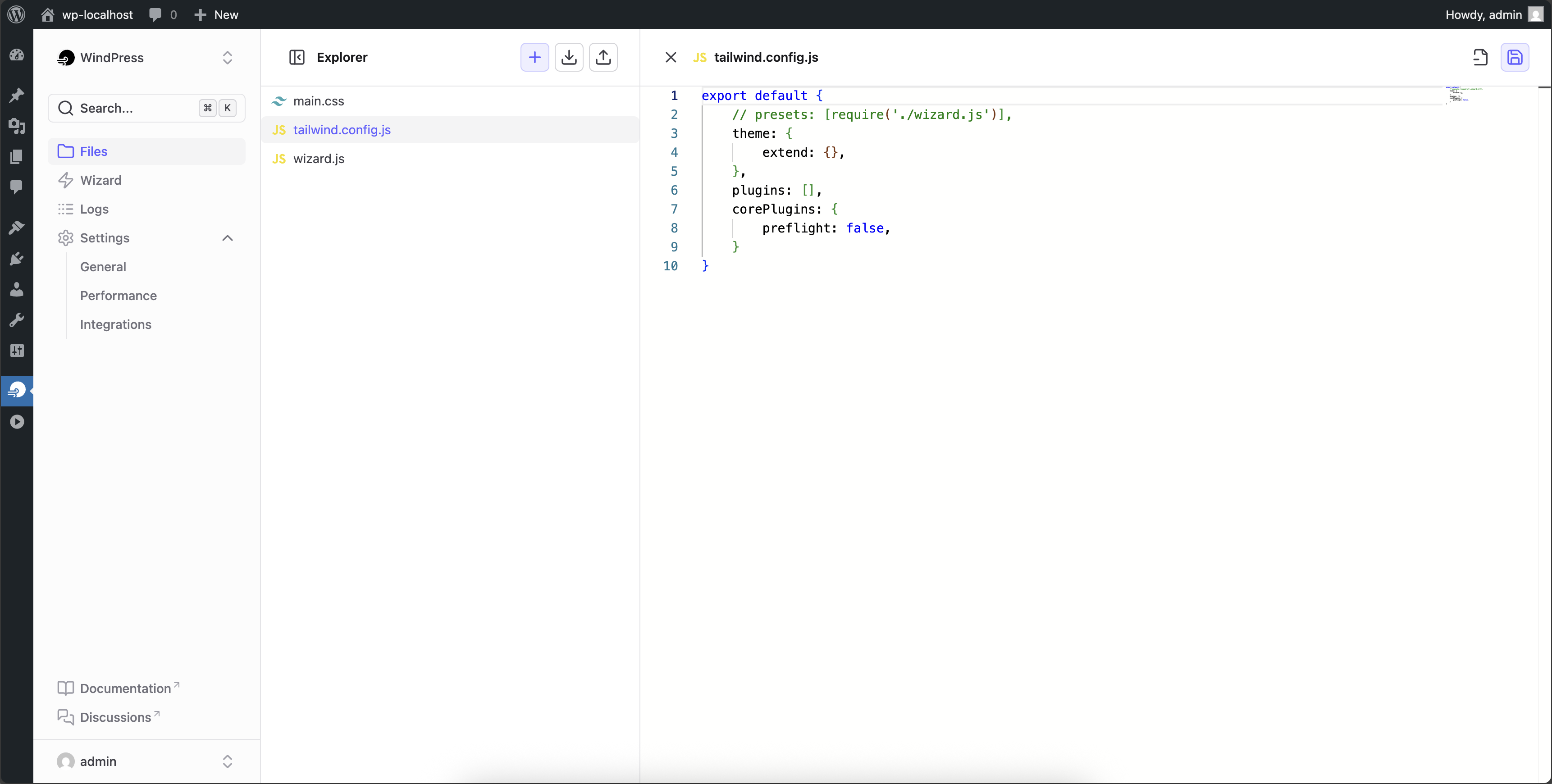 The <code>tailwind.config.js</code> file editor, which let adding the Tailwind CSS plugins.
