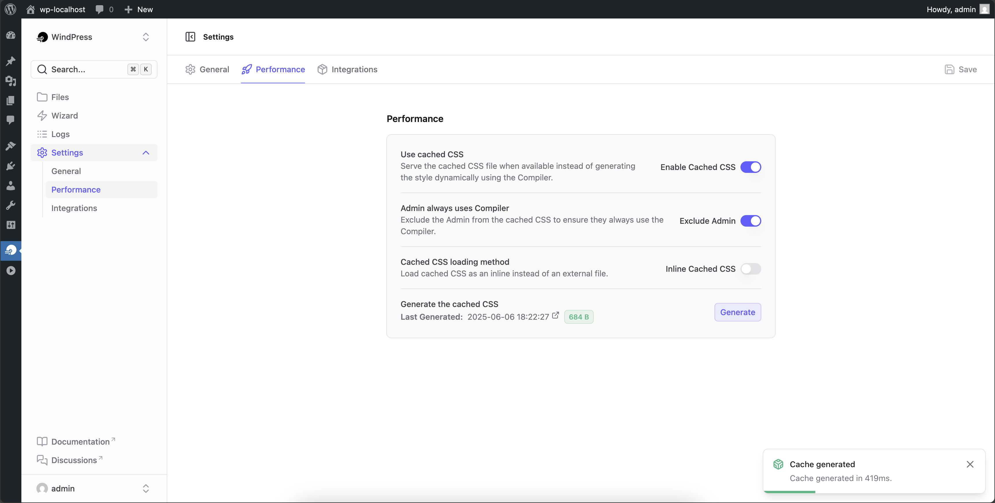 The WindPress settings page to generate the cached CSS file.
