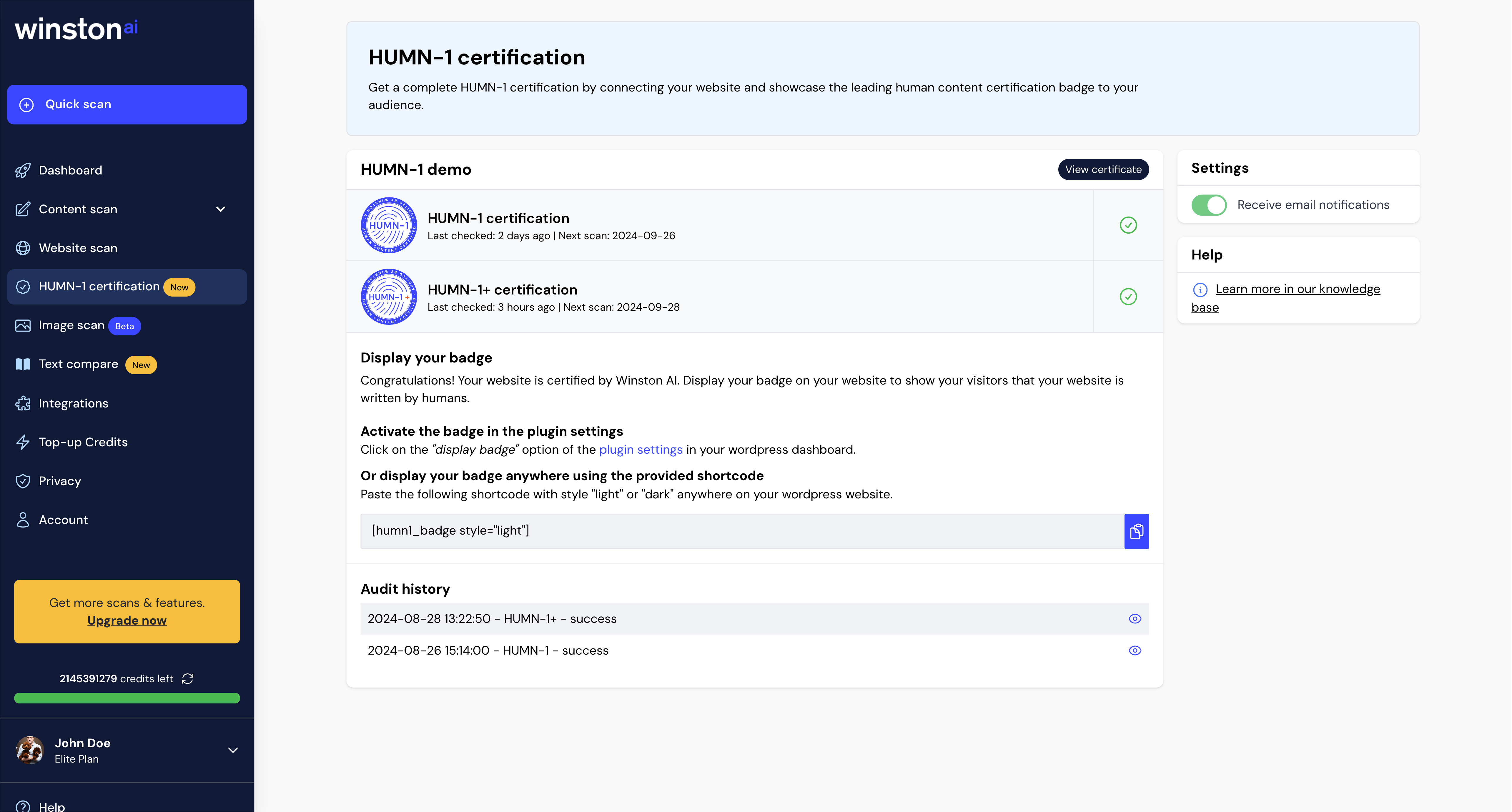 HUMN-1 Certification dashboard